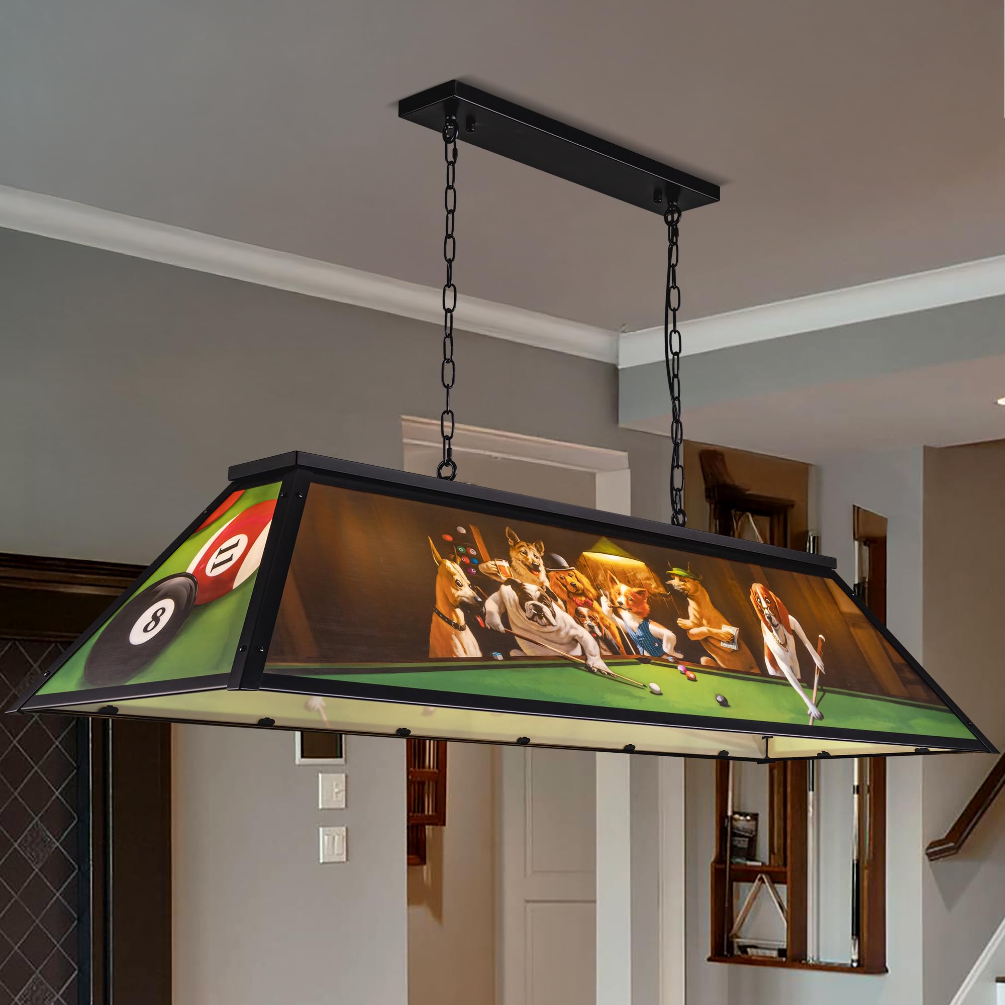 Wellmet Tiffany Pool Table Light, Dogs Playing Billiards Lights for 7' 8' 9' Pool Table, 5 Lights Billiard Fixture Hanging Pendant Lamp for Snooker