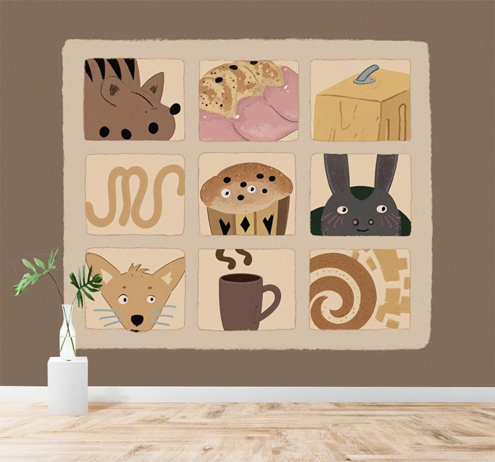 Tzxztt Abstract Cute Animal Faces Coffee Cup Pastry Illustration Modern 3D Wallpaper Premium Textured Silk Neutral Tones Material Ideal for Living Room Bedroom-200cm×140cm