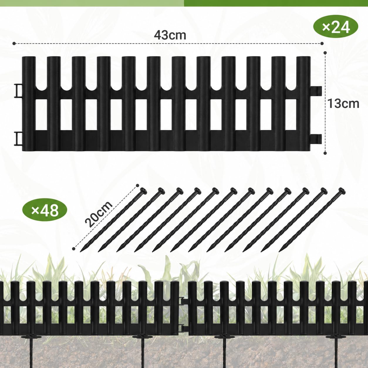 Borde de césped de plástico negro, 10,32 m x 13 cm, juego de 24 cercas con 48 estacas, borde flexible para arriates y fronteras para jardín, césped, parterres y jardín delantero