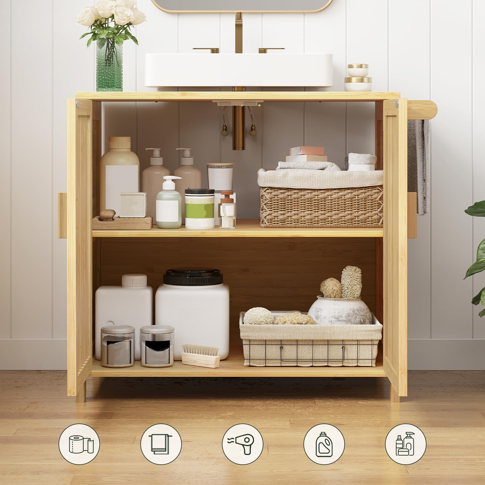HOOBRO Mobile Sottolavabo per Bagno in bambù con 2 Ante, 2 Scomparti e Portasciugamani Laterale, 60 x 30 x 60 cm, Mobiletto da Bagno per Lavabo Senza Colonna, Naturale EYL06BV01