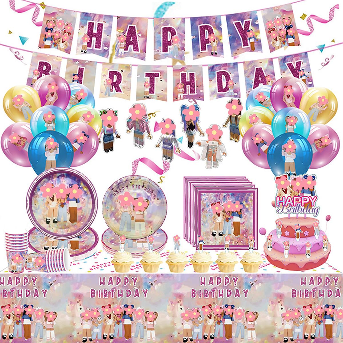 Blinblin Pink Ro-blox Tableware Party Supplies for Girls Birthday Decorations, Video Game Theme Party Dinnerware Supplies, 10 Guests.