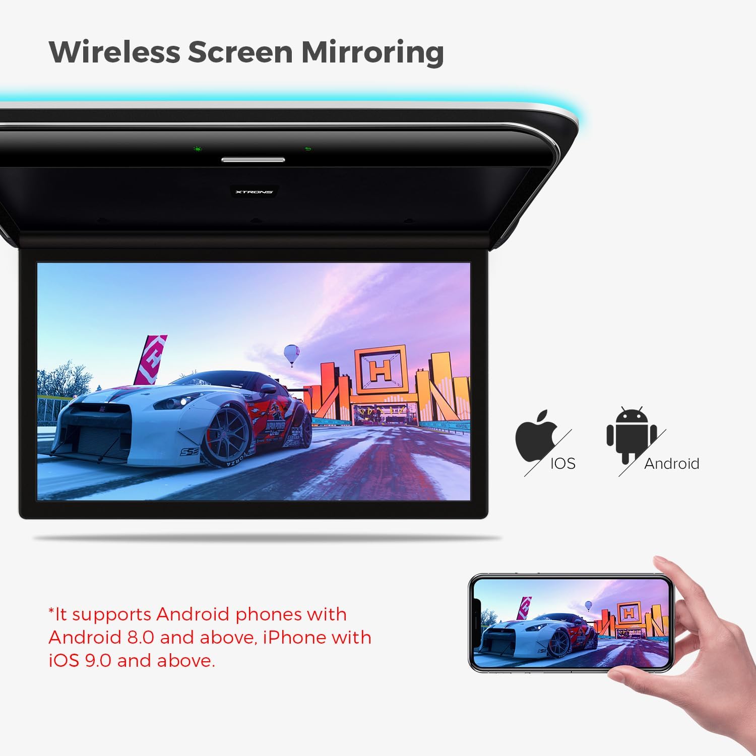 XTRONS Reproductor aéreo de coche Android de 195 pulgadas de ancho pantalla IPS 8K monitor de montaje en techo de automóvil con altavoces estéreo
