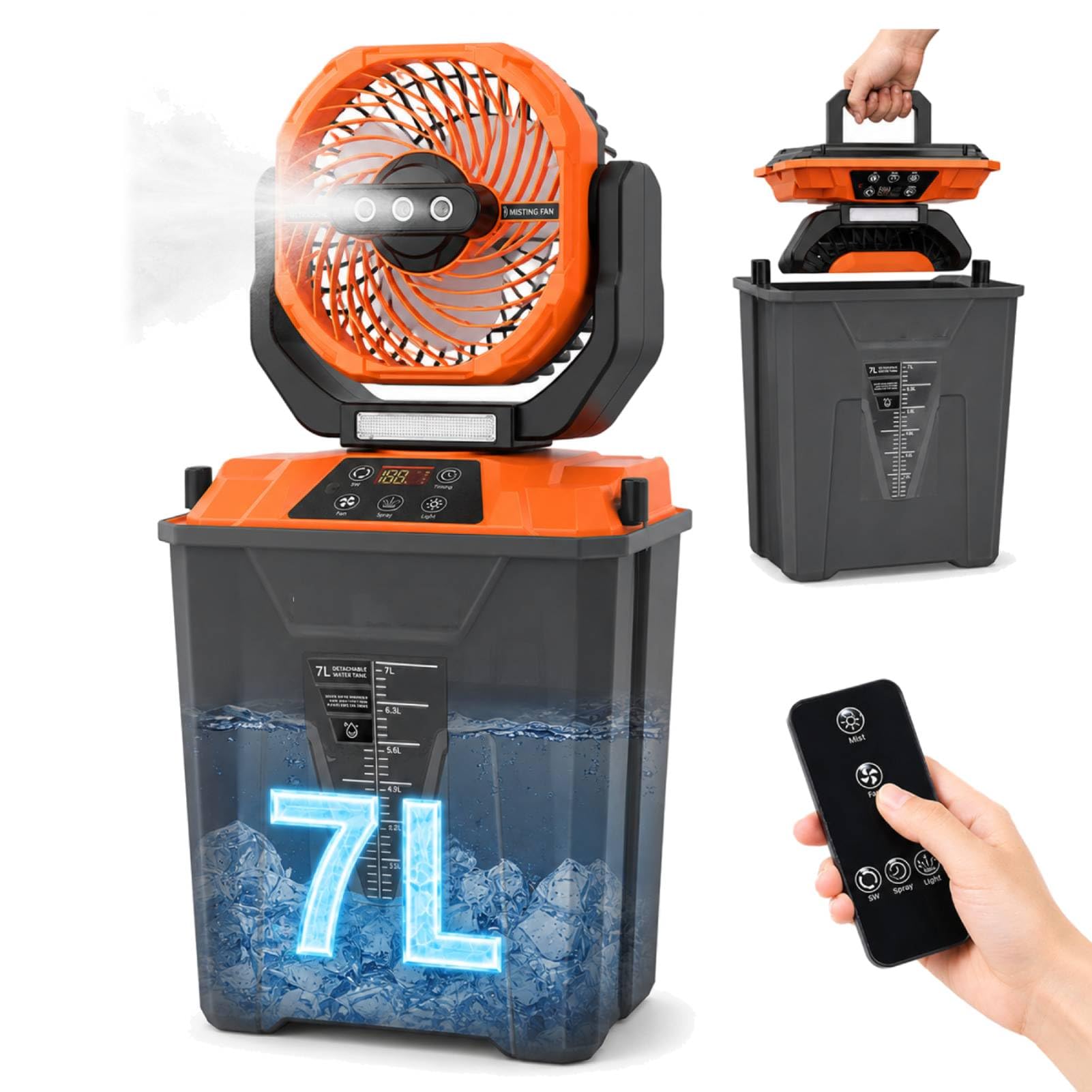 Ventilateur Brumisateur Portable, Ventilateur Oscillant Rechargeable 20000 MAh, 5 Vitesses, 4 Niveaux de Brumisation, Réservoir D Eau 7 L for Extérieur et Camping (ORANGE)