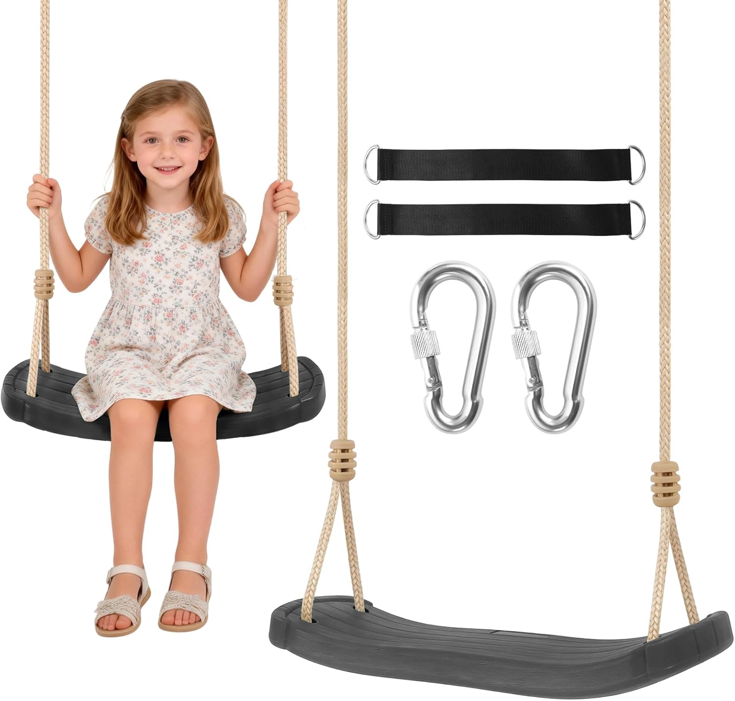 Kids Tree Swing Seat with Tree Straps and Carabiners, Heavy Duty Ergonomic Straight Swing Set for Backyard, Indoor & Outdoor Rope Swing, 264 lbs，Black