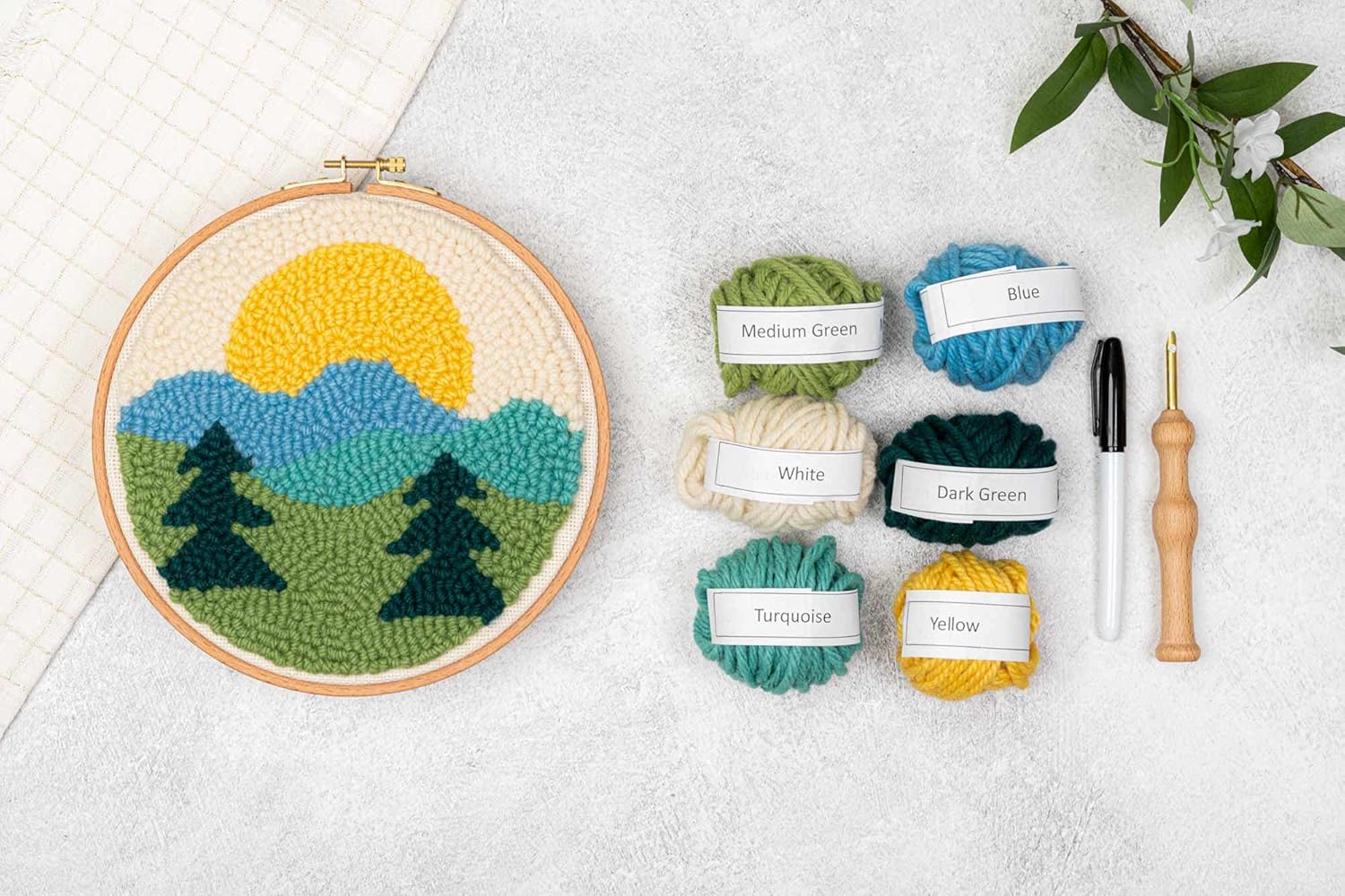 Mountains Mini Punch Needle Kit - Includes Punch Needle Tool, 100% Wool Yarn, 8 inch Beech Wood Hoop and More