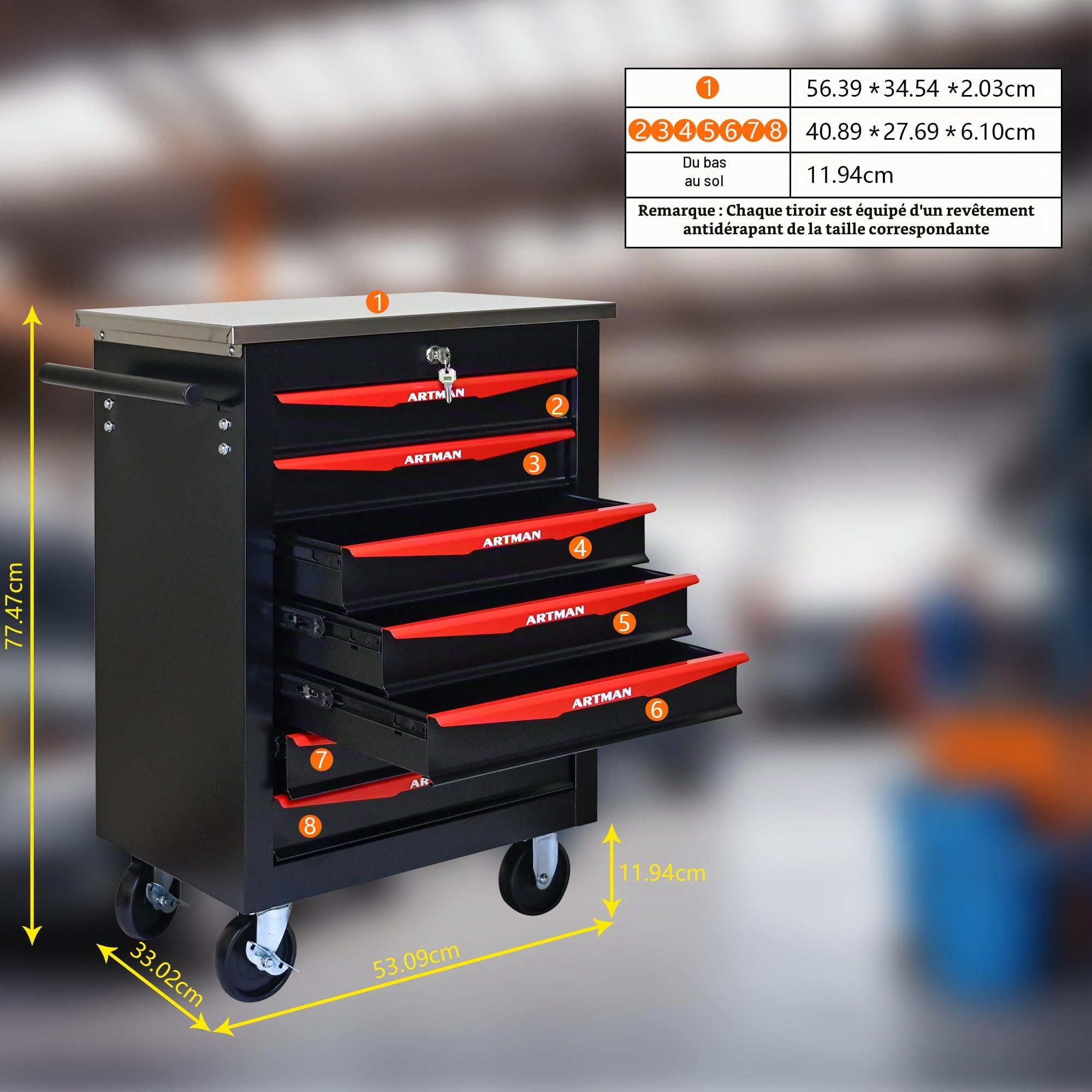 Boîte à outils à rouler avec tiroirs, Armoire de stockage d'outils en acier avec poignée, Roues verrouillables, Boîte d'organisateur d'outils pour atelier de garage (noir rouge,7 Tiroir)