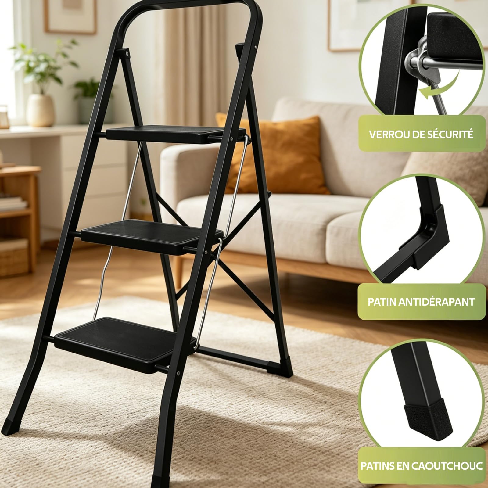 Échelle Pliable 3 Marches Escabeau Pliante Antidérapante, Noir | Capacité Max 150kg, Acier Robuste, Intérieur Extérieur, Escabeaux 3-Level