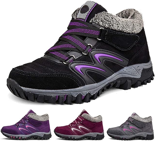 Camfosy Womens Walking Hiking Boots,Waterproof Ankle Trekking Shoes Fur Lined Warm Low Rise Slip On Snow Boots Flat Outdoor Lace Up Running Booties Anti-Slip Breathable Thermal Camping Shoes