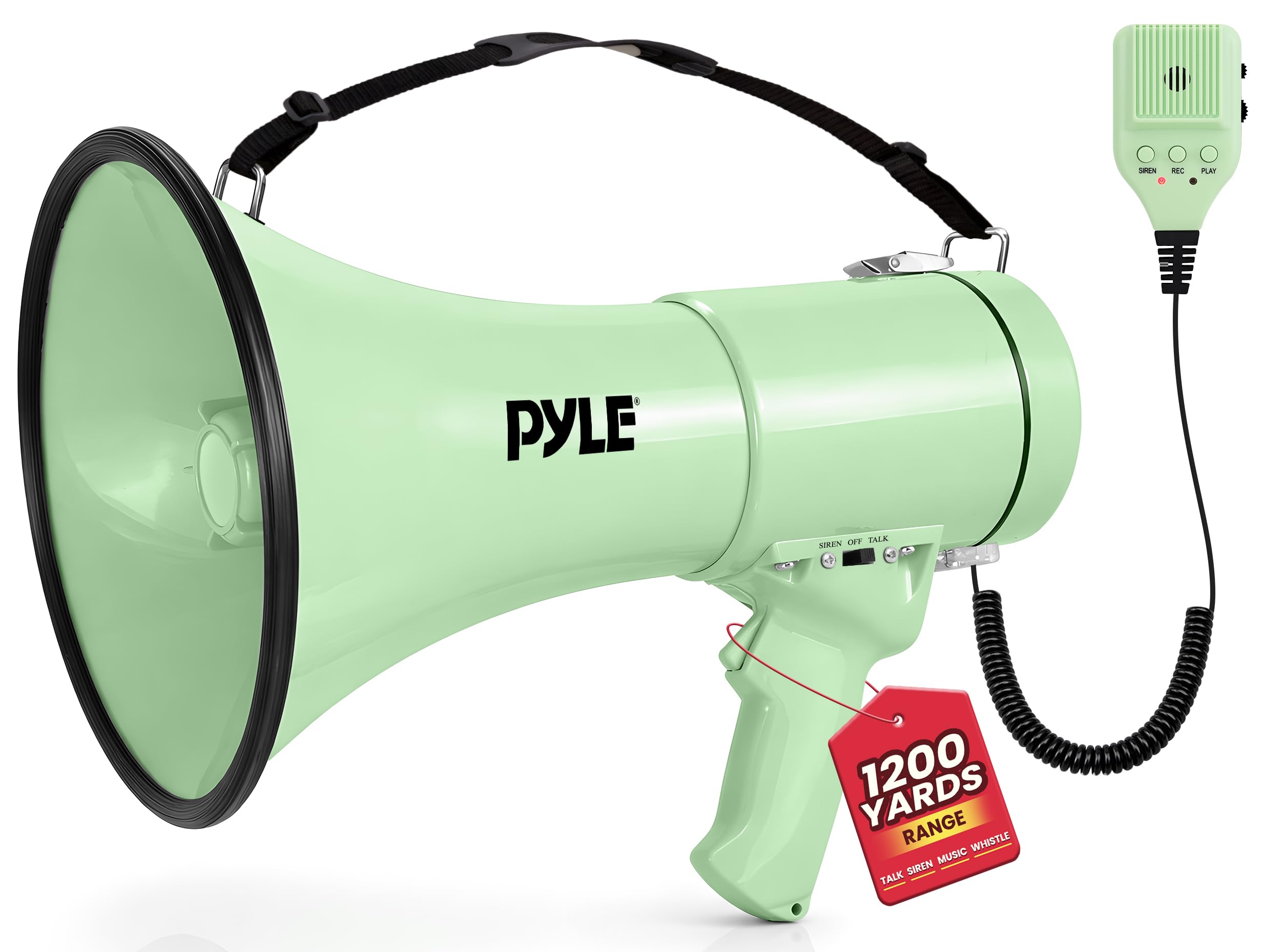Pyle Megafon Bullhorn 50 W – przenośny, automatyczna syrena i regulowana głośność, zasięg projekcji do 1200 jardów kwadratowych, wejście Aux, rozmowa, syrena, muzyka, gwizdek i nagrywanie, pasek na