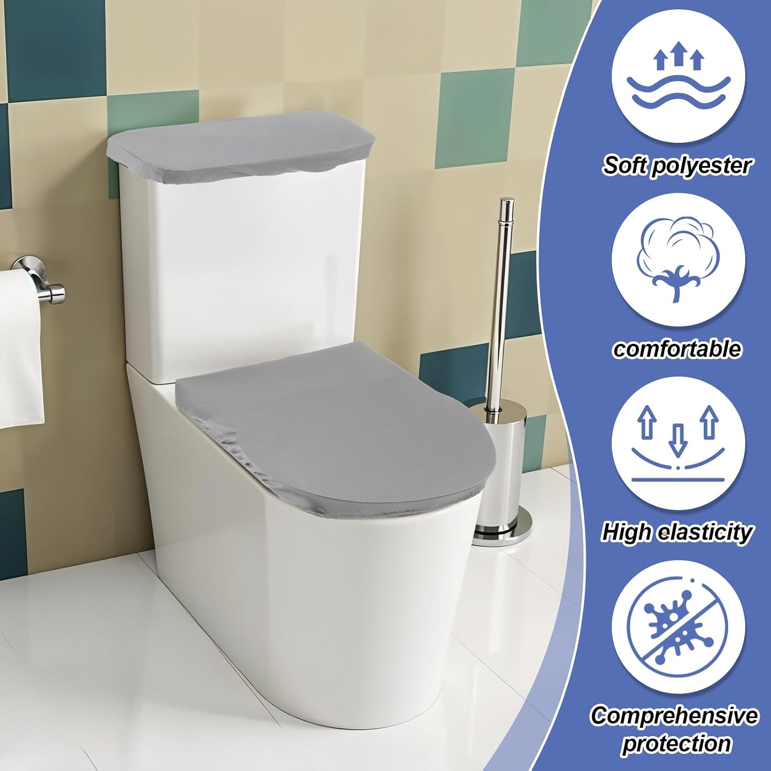 Toilet Tank Cover and Toilet Lid Cover Washable Toilet Cover Set with Elastic Bottom Soft Stretch Fabric Cover for a Lid Toilet Tank Toilet Top Cover Back of Toilet Tank Cover Replacement (Grey)