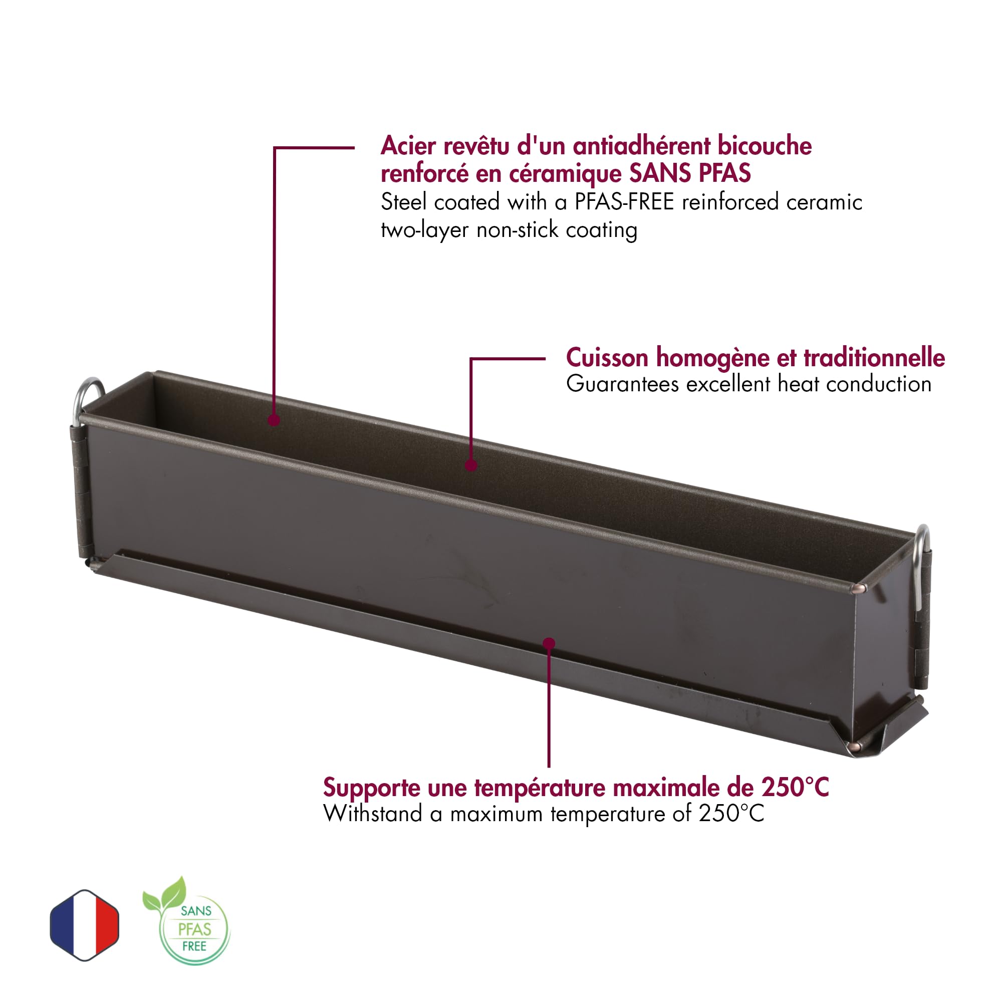 Gobel - Moule à Pâté Croûte Long Uni (Mini) –Acier Antiadhérent Bicouche – Charnière et Fond Démontable – Fabrication Française - 50 x 4 x 6 cm