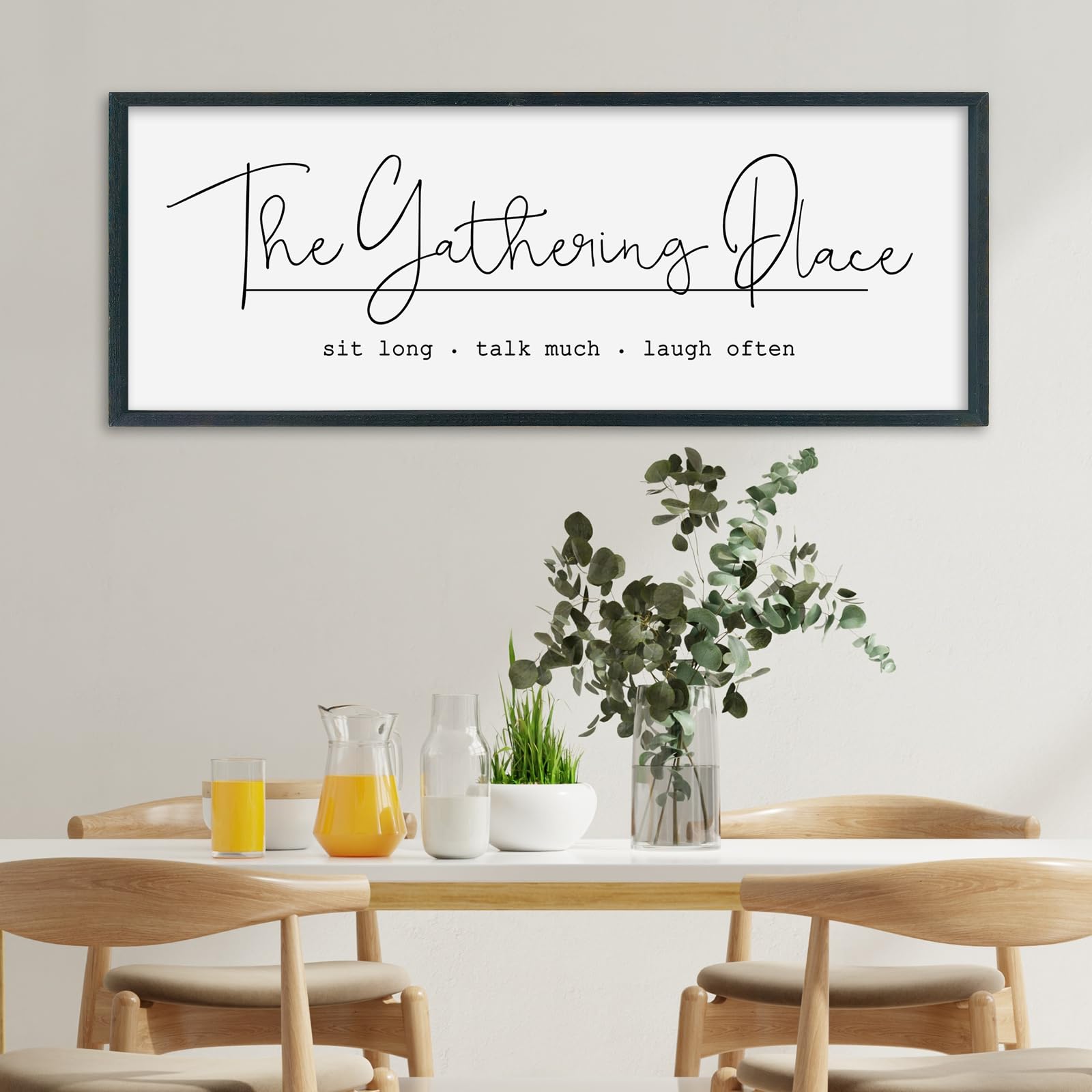 srszhiyue dining room wall decor the gathering place sign 40"×15" kitchen plaque for minimalist large modern farmhouse living room family gathering horizontal wall art hanging (black)