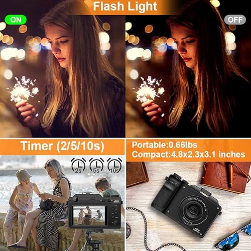 Miniatura 6 de Cámara de vlogging 4K 48MP Cámara digital de enfoque automático para fotografía con zoom digital de 18X y cámara de disparo con tarjeta TF de 64 GB,
