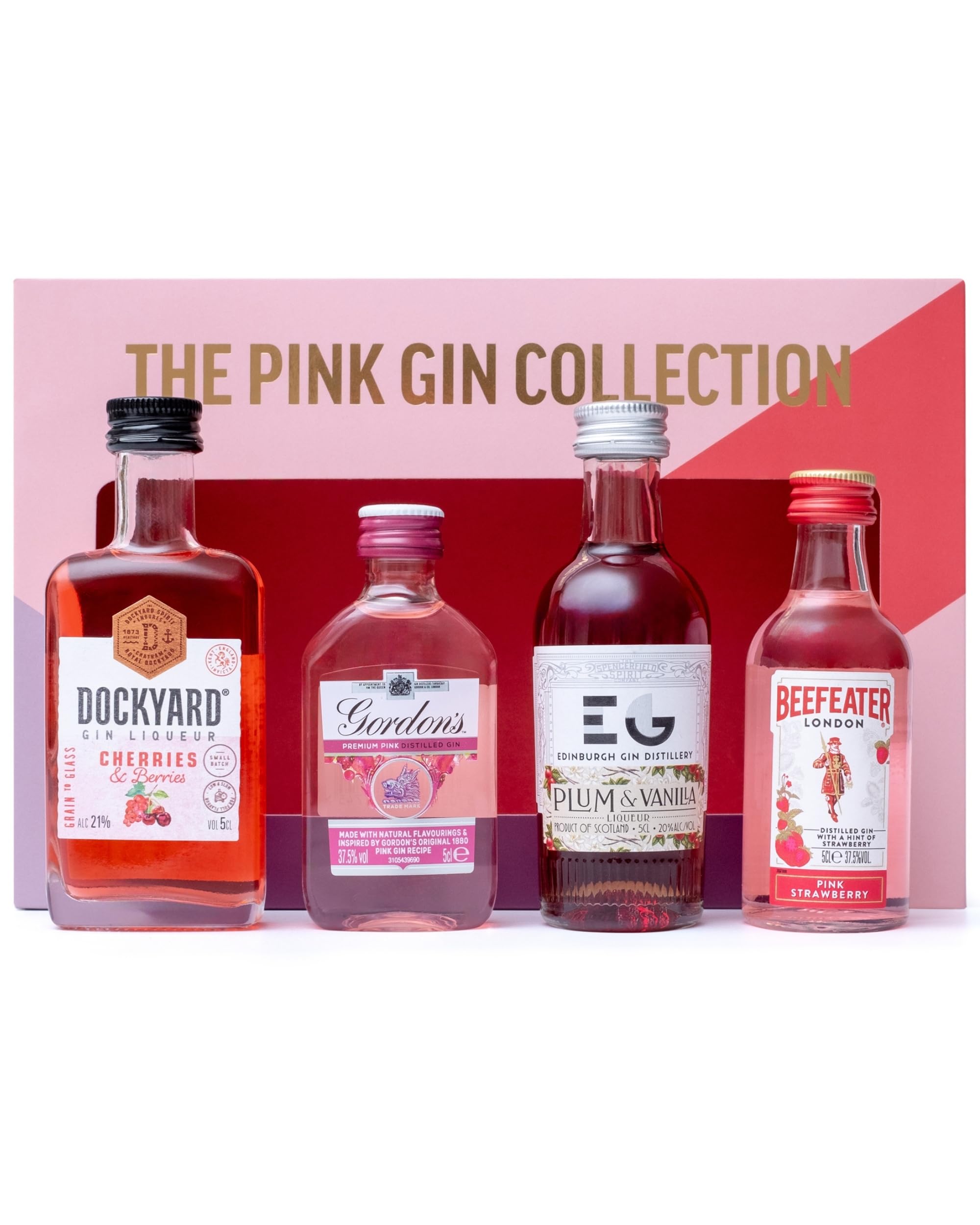 Pink Gin Gift Set - Gin Gifts for Women, 4x5cl Beefeater Pink Strawberry, Gordons, Edinburgh Plum & Vanilla, Dockyard Cherries & Berries Flavoured Liqueur, Womens Alcohol Gifts, Birthday
