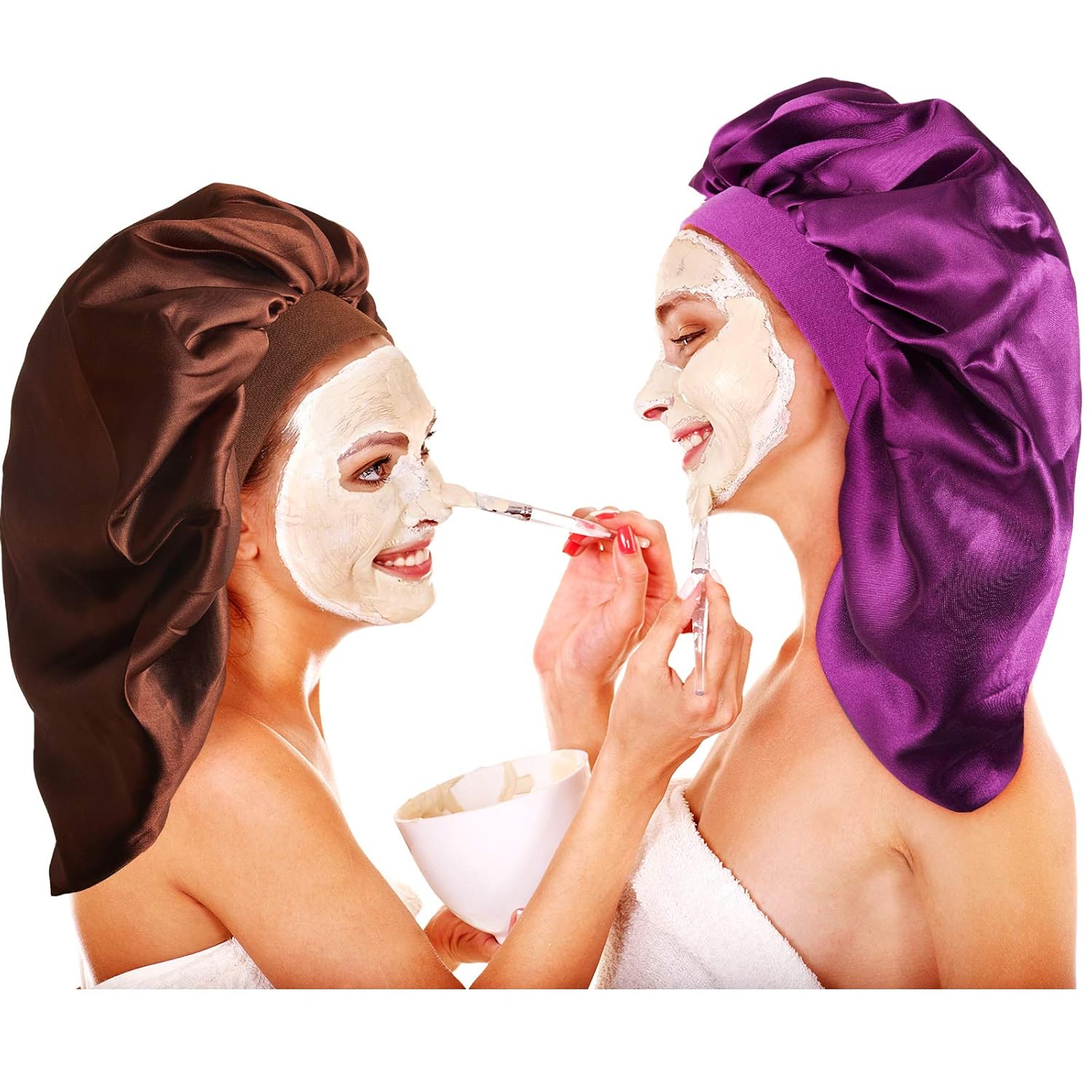 2 Pieces Extra Large Sleep Cap Jumbo Cap Large Satin Bonnet with Comfort Elastic Band (Purple and brown)