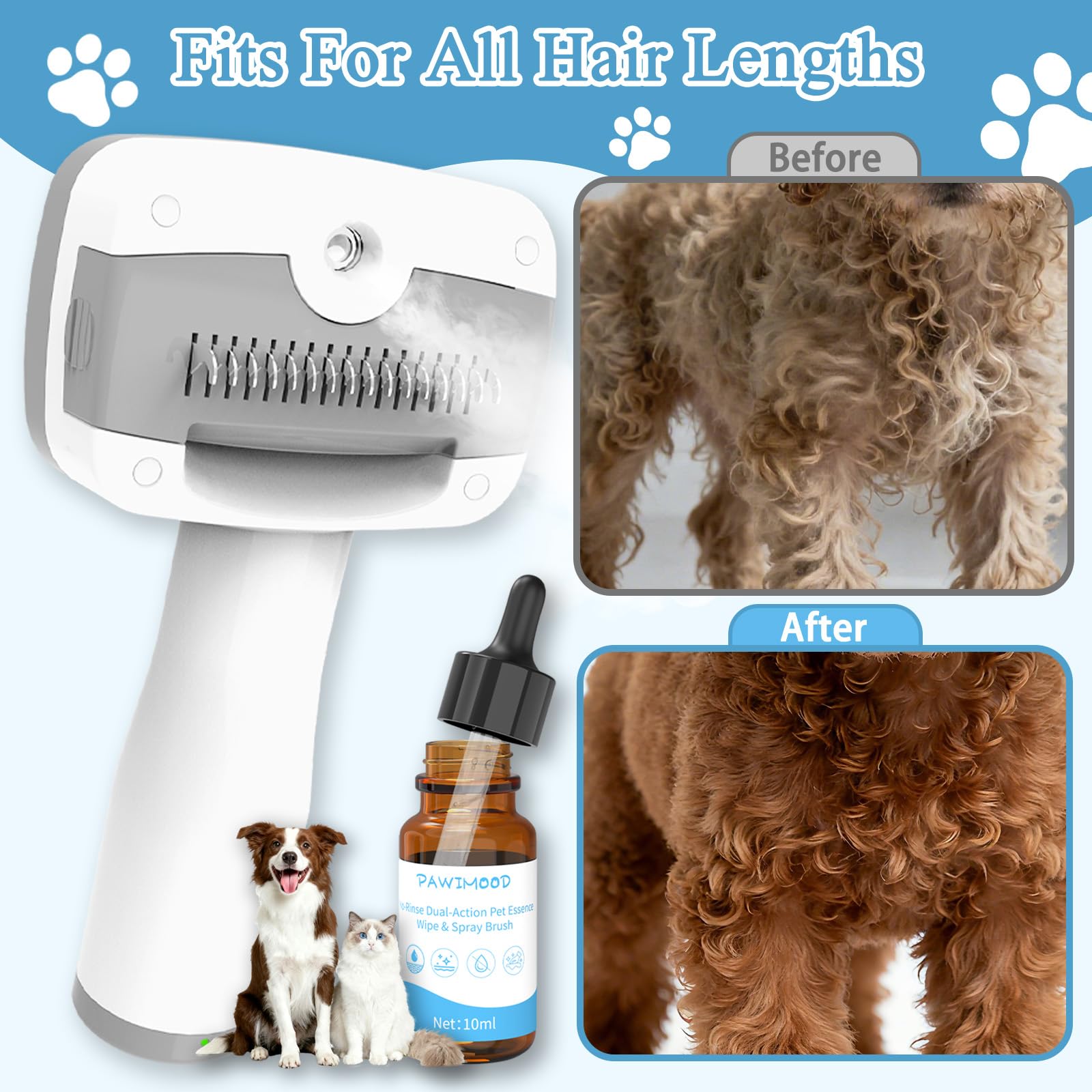Spazzola a vapore 5 in 1 per cani e gatti, autopulente, 3 spazzole per animali domestici, per levigare, sfoltire, spargere, toelettatura e depilazione, include shampoo e custodia (18,5 cm)