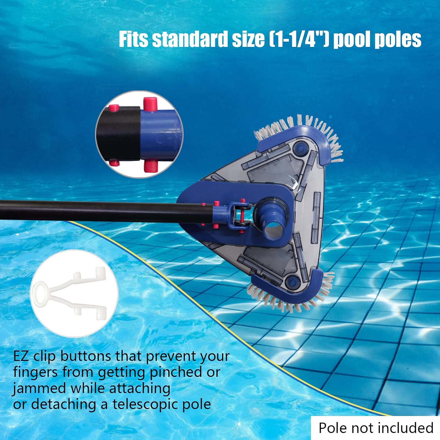 Poolvio Triangular Pool Vacuum Head with Side Brush, Swivel Hose Connection, EZ Clip Handle - Connect 1-1/4", 1-1/2" Hose for Inground and Above Ground Swmming Pools