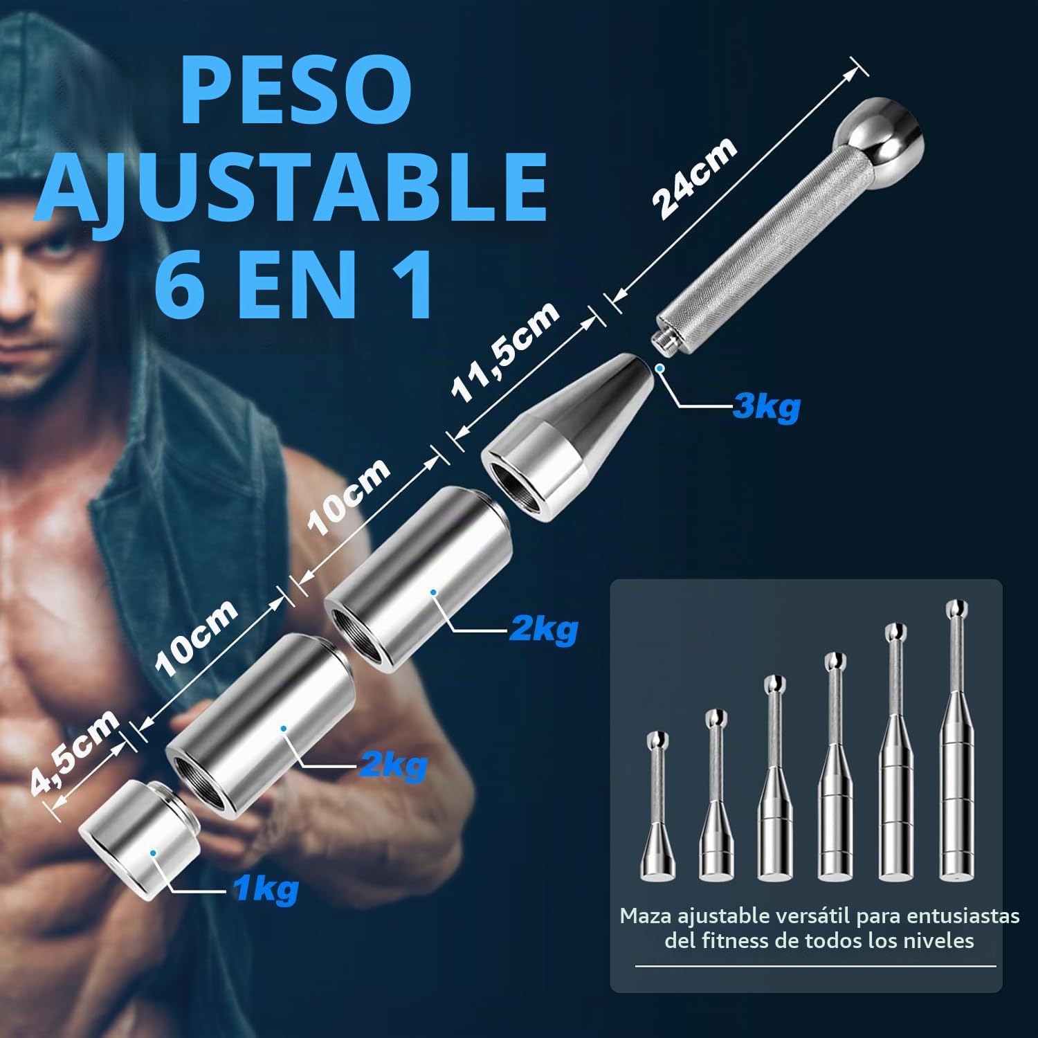 Macebell ajustable 6 en 1, Maza Clubbell de acero, para entrenamiento de fuerza (3/4/5/6/7/8 kg),hombros, agarre y antebrazos