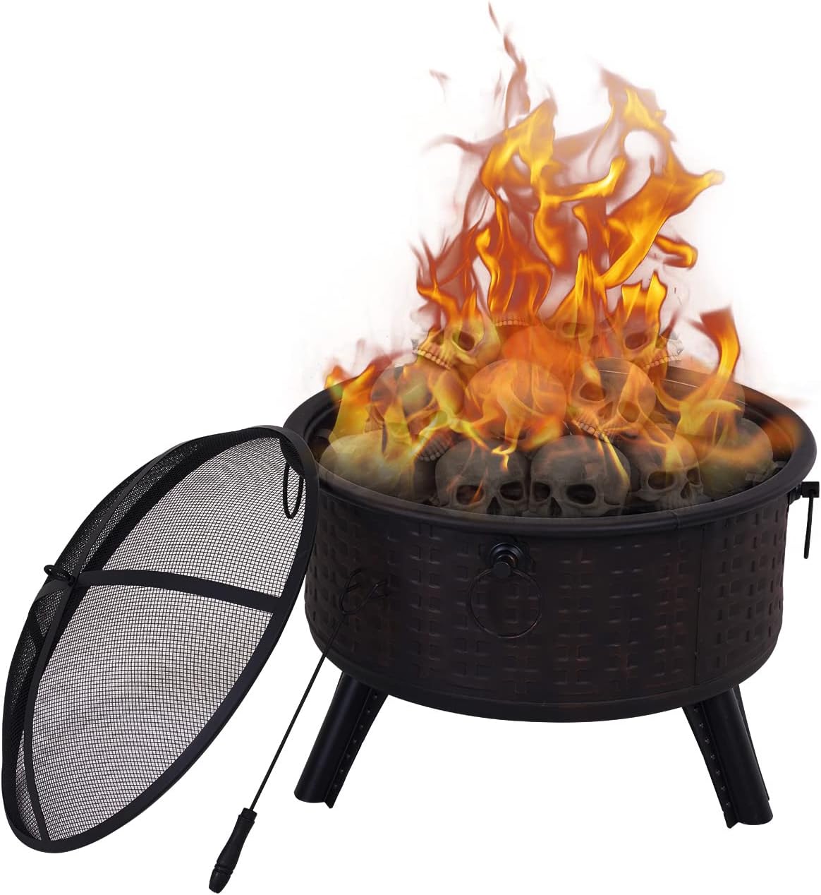 Grand Patio Fire Pits for Outside,Round Deep Bonfire Wood Burning Fire Pit with Spark Screen Cover Safe Mesh Lid and Poker