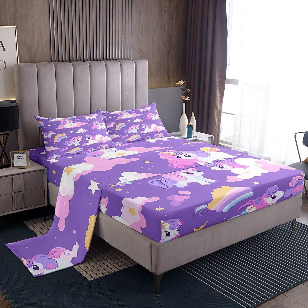 Erosebridal Pink and Purple Unicorn Toddler Bedding Set Full,Cute Rainbow Unicorn Bed Sheets for Girls Kids,Stars Cloud Fitted Sheet Princess Bedroom Decor,Cartoon Animal Sheets with Flat Sheet 4Pcs