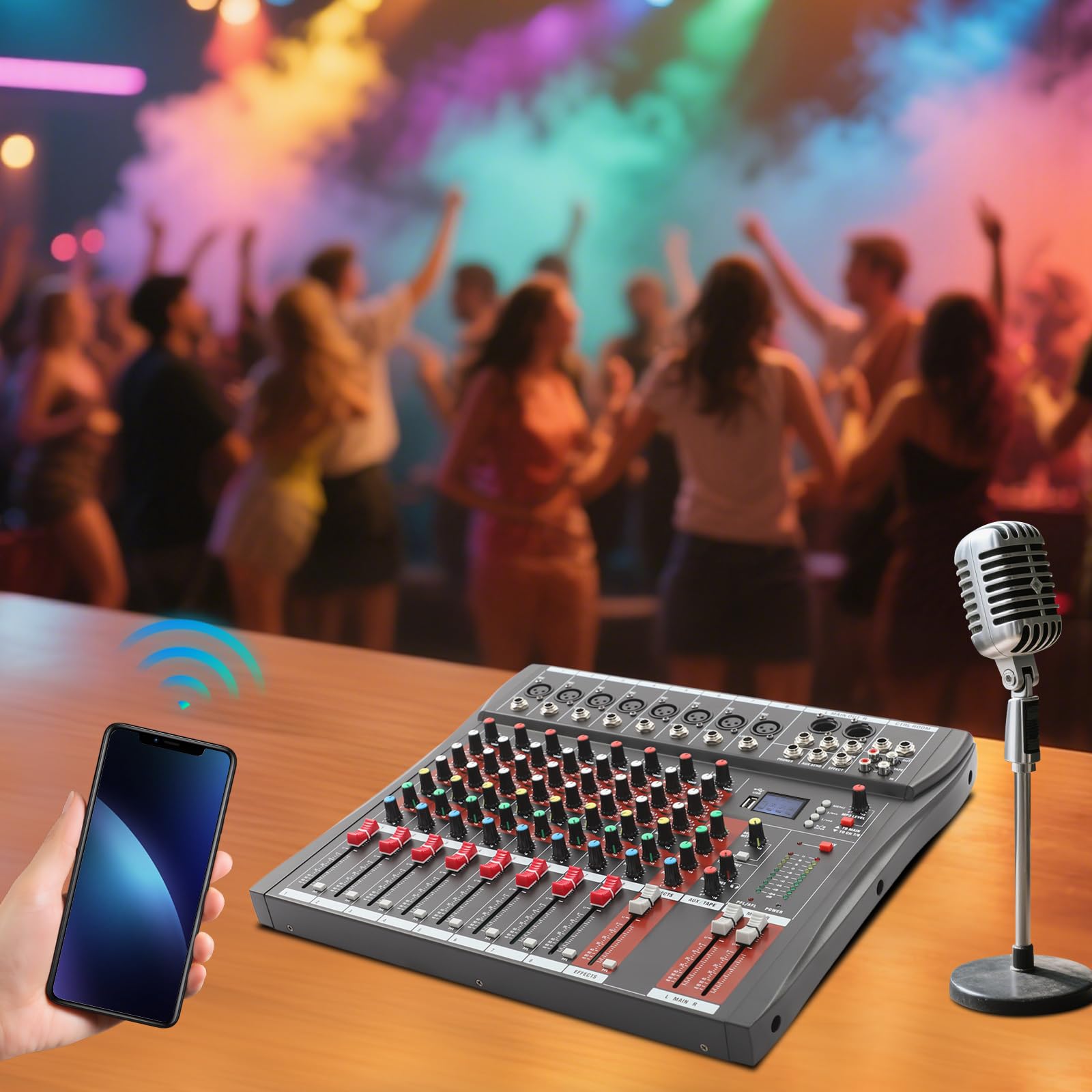 8 Kanal Audio Mixer Bluetooth,Professioneller Mixer 48V Phantomspeisung,USB MP3 Eingang,Drei-Band-Equalizer DJ Mischer für Karaoke Digital Audio Mixer LCD