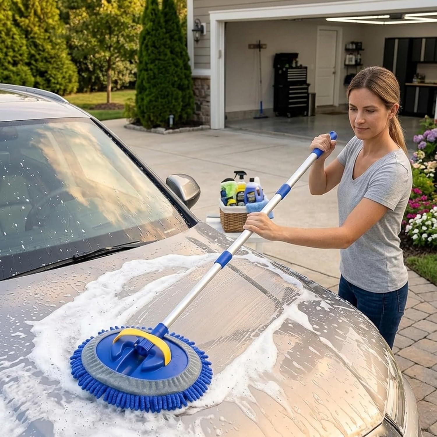 TORVA 41" Car Cleaning Brush with Telescopic Handle Aluminum Alloy Long Rod, Chenille Microfiber Car Wash Mop for Washing Caravan Van Truck Boat RV Roof, Soft Head Duster Clean Product