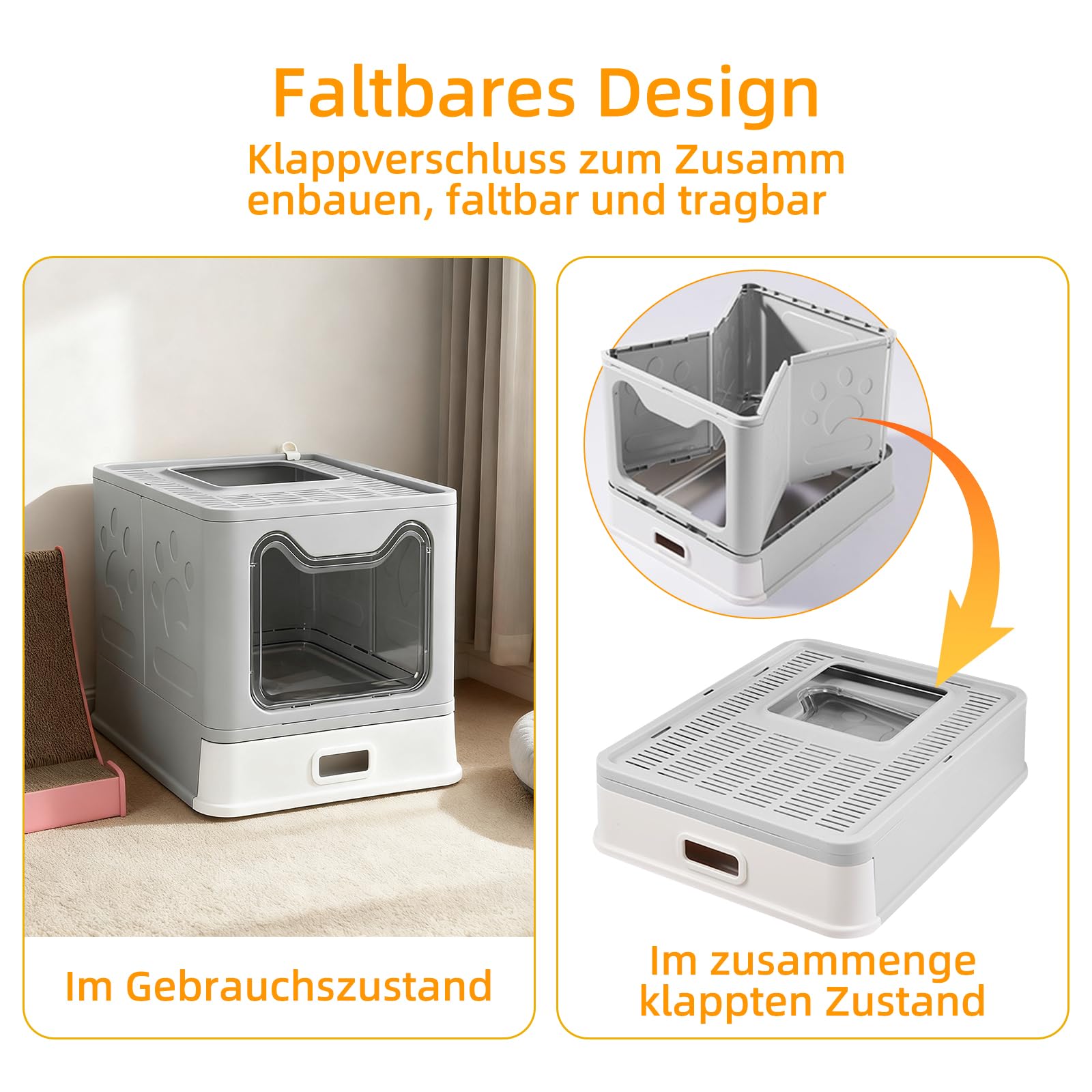 Caja para gatos con bandeja y pala extraíbles de acero inoxidable, bandeja de arena para gatos plegable para entrada delantera y salida superior para grandes y pequeños, 49 x 35 x 37 cm