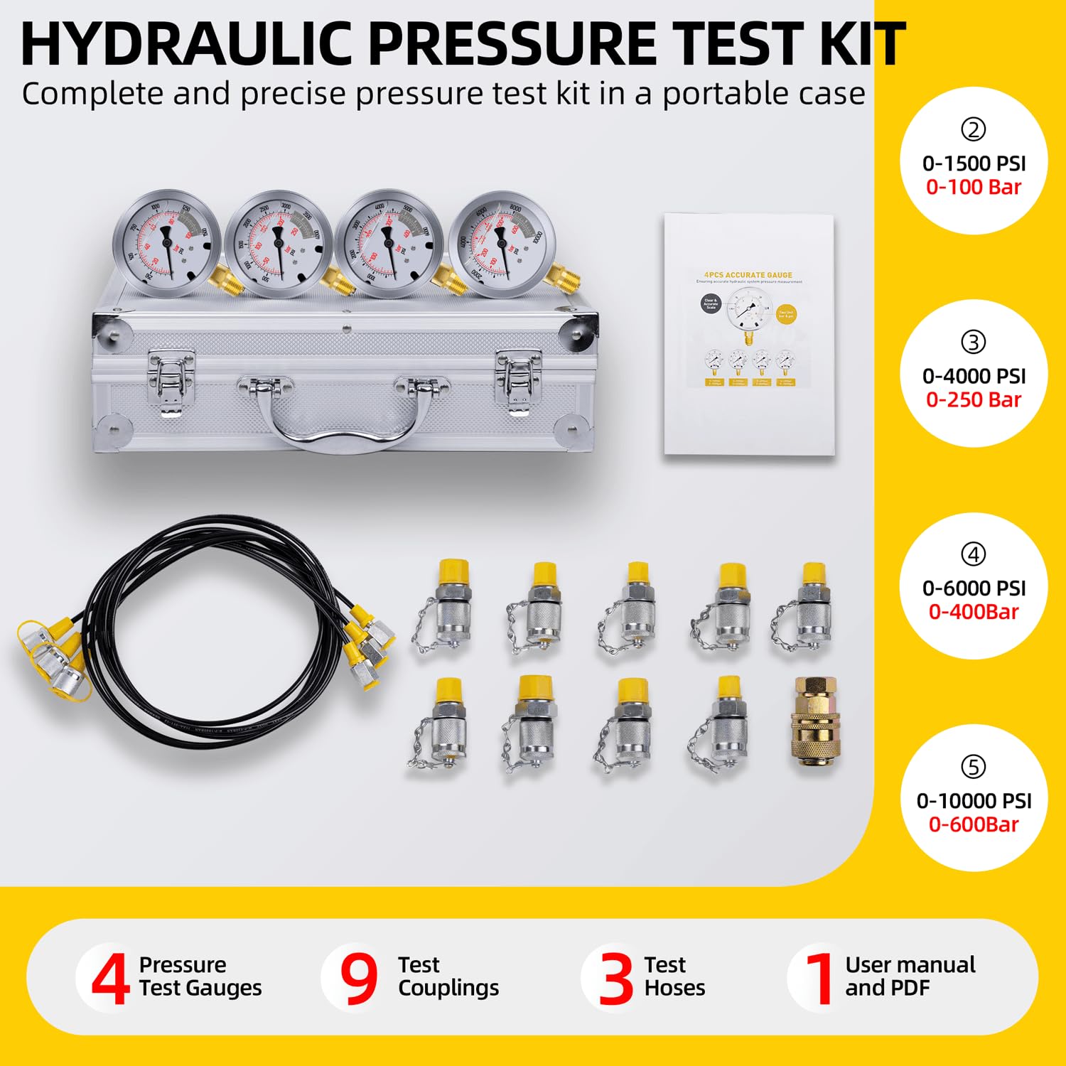 Kit de prueba de presión hidráulica con 4 manómetros (máximo 10 000 PSI), 10 acoplamientos de prueba, 3 mangueras de prueba, juego de comprobador de manómetros de nitrógeno hidráulico para excavador