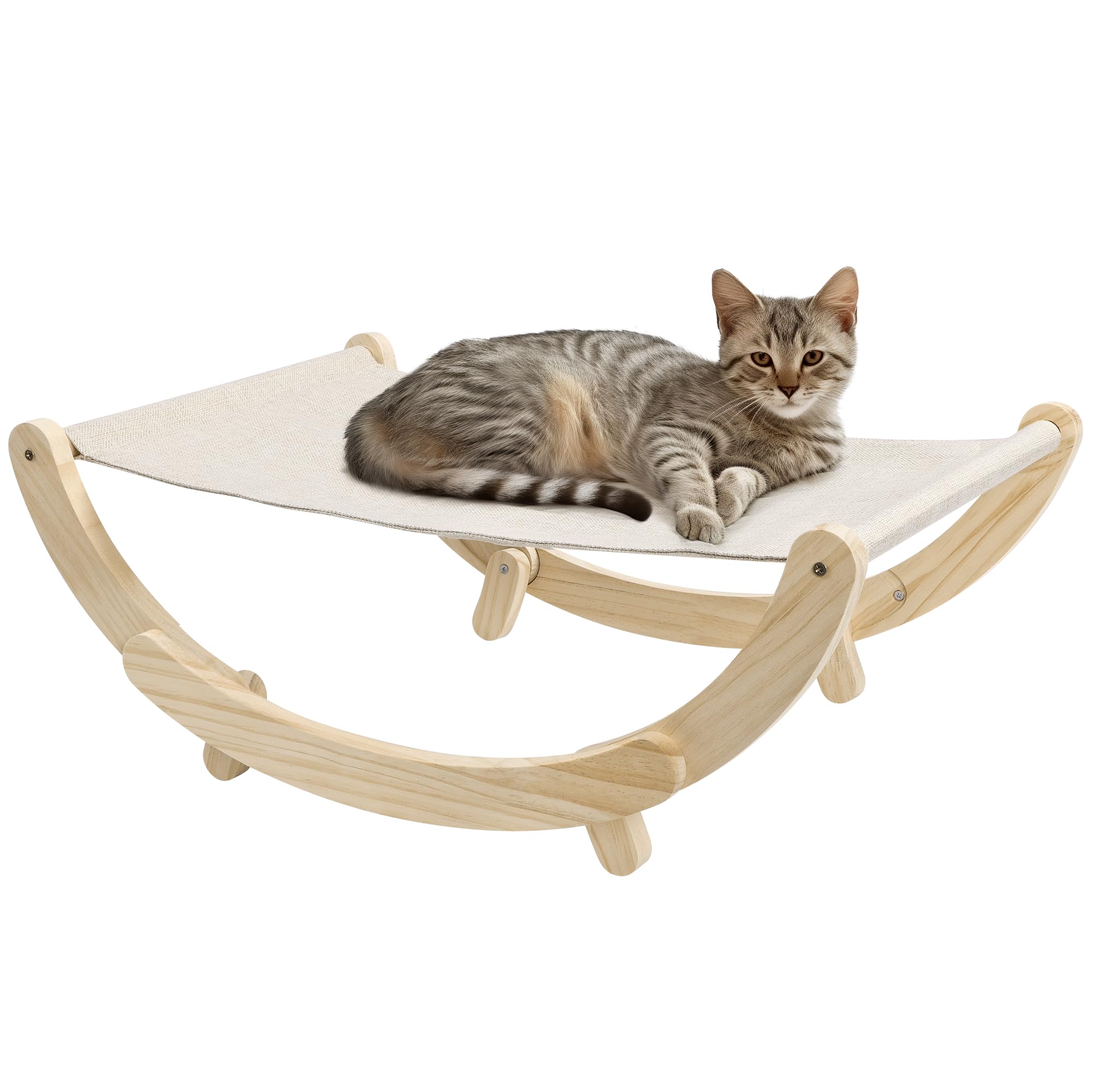 Navaris Hamaca Gato - Cama para Gatos Elevada - Apto para Gatos Grandes MAX. 15 kg - Cama Gato con Estructura de Madera - Hamaca para Gatos Fija o Mecedora - Cama Gatos Beige