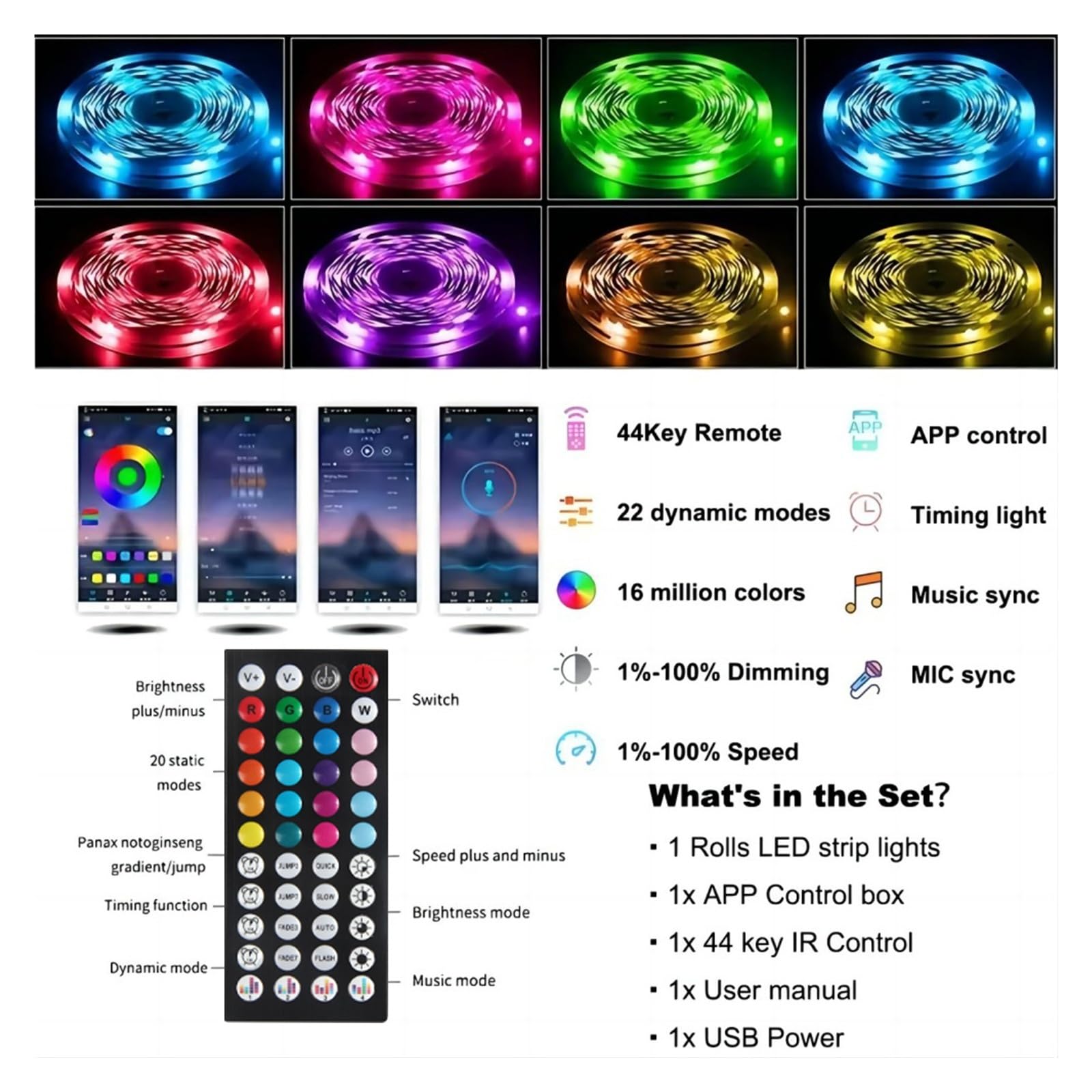 Tira de luces LED RGB USB de 3,28 pies-100 pies, aplicación y Control remoto de 44 teclas, lámpara de cinta LED 3535, retroiluminación de TV for sala de juegos, decoración del hogar(BLUETOOTH 44K_30M)