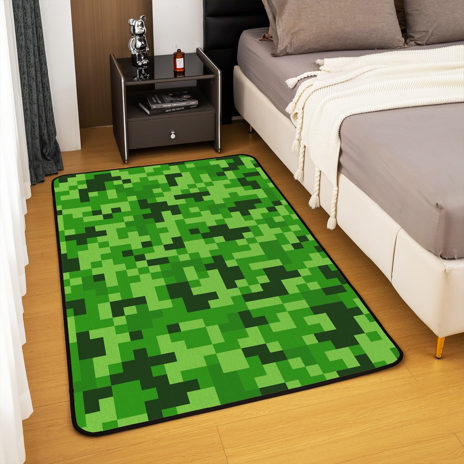 Manfei Miners Pixel Spiele Bereich Teppiche,Grünes Pixelgitter Rutschfester Teppich Videospiele Indoor Fußbodenmatte Home Wohnzimmer Dekor,100 x 150 cm