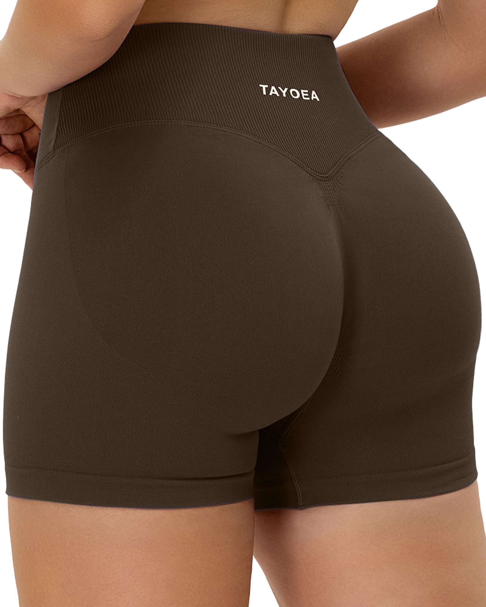 TAYOEA Damen Sport Shorts Unsichtbarer Scrunch Kurze V-förmiger Crossover Gerippter Bund Short Seamless Kurze Butt Lifting Gym Short