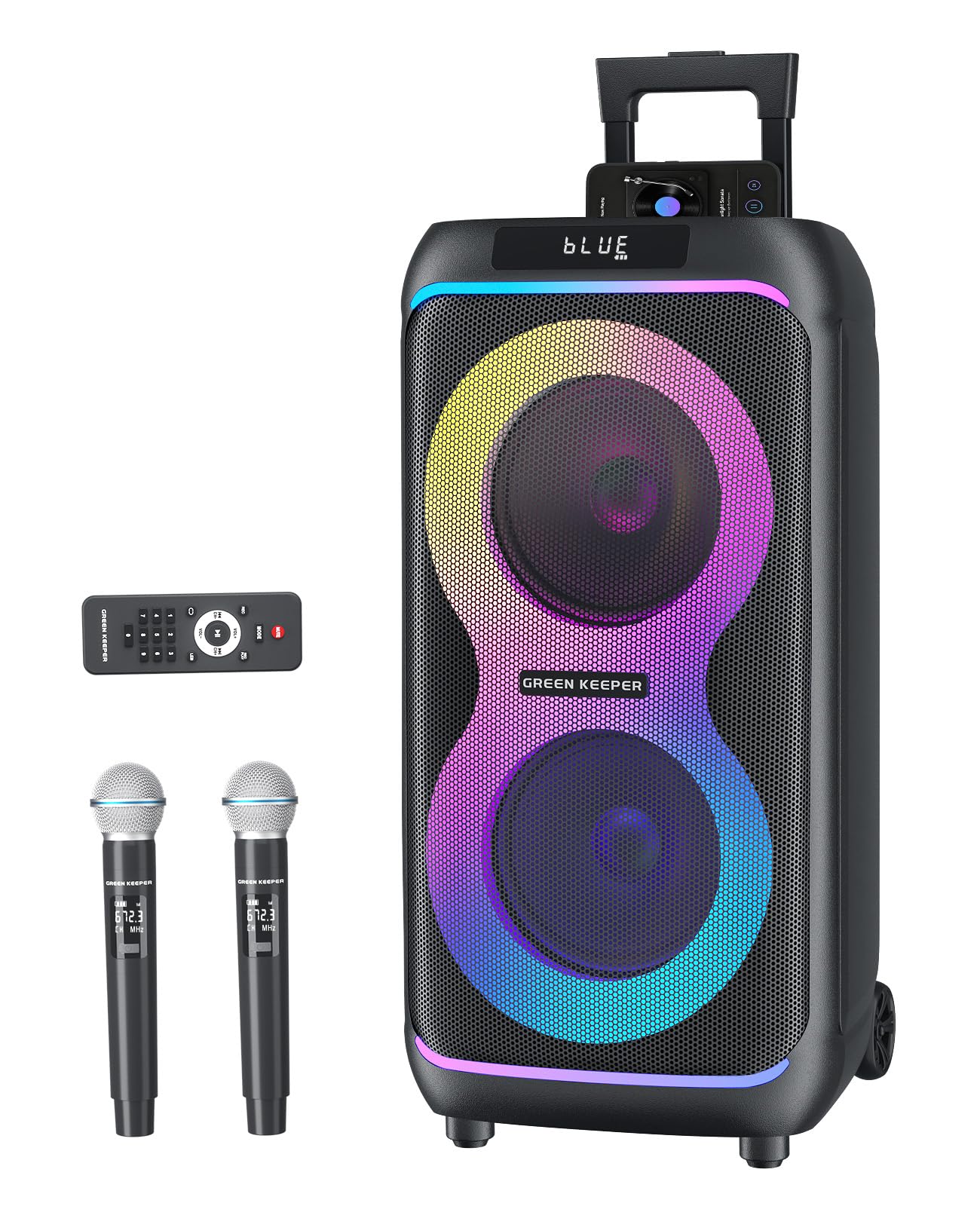 GKDT81 Karaoke-Maschine Mit 2 Mikrofonen, 800 W Spitzenleistung, Zwei 8"-Tieftöner. Tragbarer Bluetooth-Lautsprecher Mit Rollen & Teleskopgriff, Starkem Bass Und LED-Beleuchtung. Praktisches PA-System