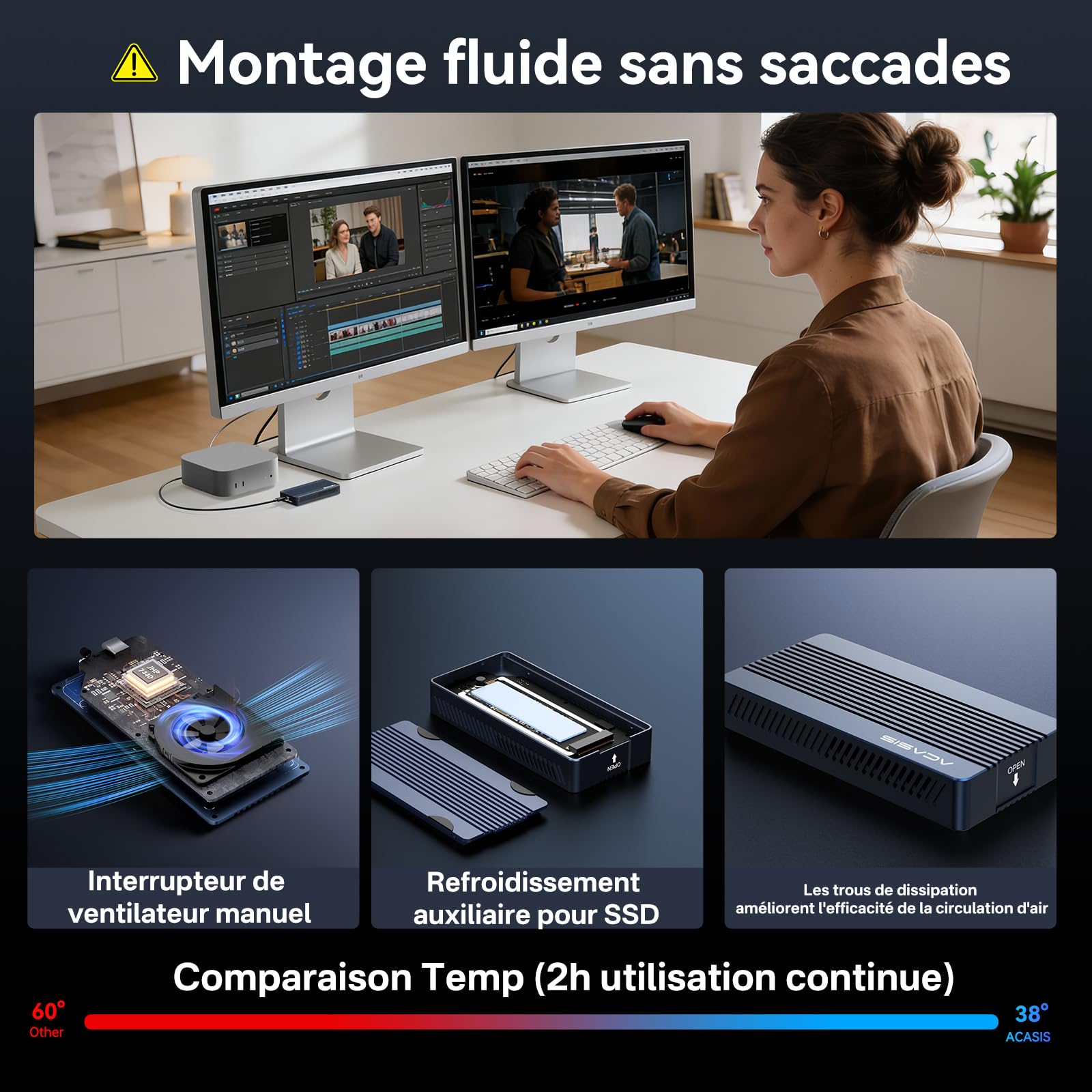 ACASIS 40Gbps Boîtier SSD M2 NVMe avec Ventilateur de Refroidissement, Compatible avec Thunderbolt 4/3, Boîtier SSD Externe PCIe Aluminium M2 2230 2242 2260 2280, Compatible avec Mac MacBook/Windows