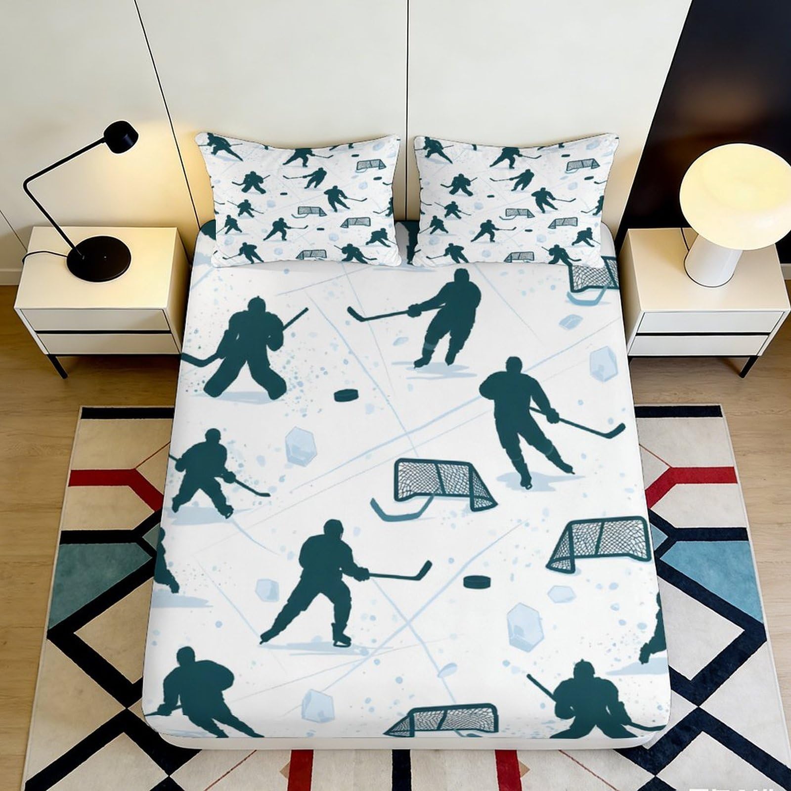 3D Printed Hockey Player Fitted Sheet Microfiber Soft Breathable Ice Rink Bed Cover for Bedroom Dorm Decor 90x200x25cm