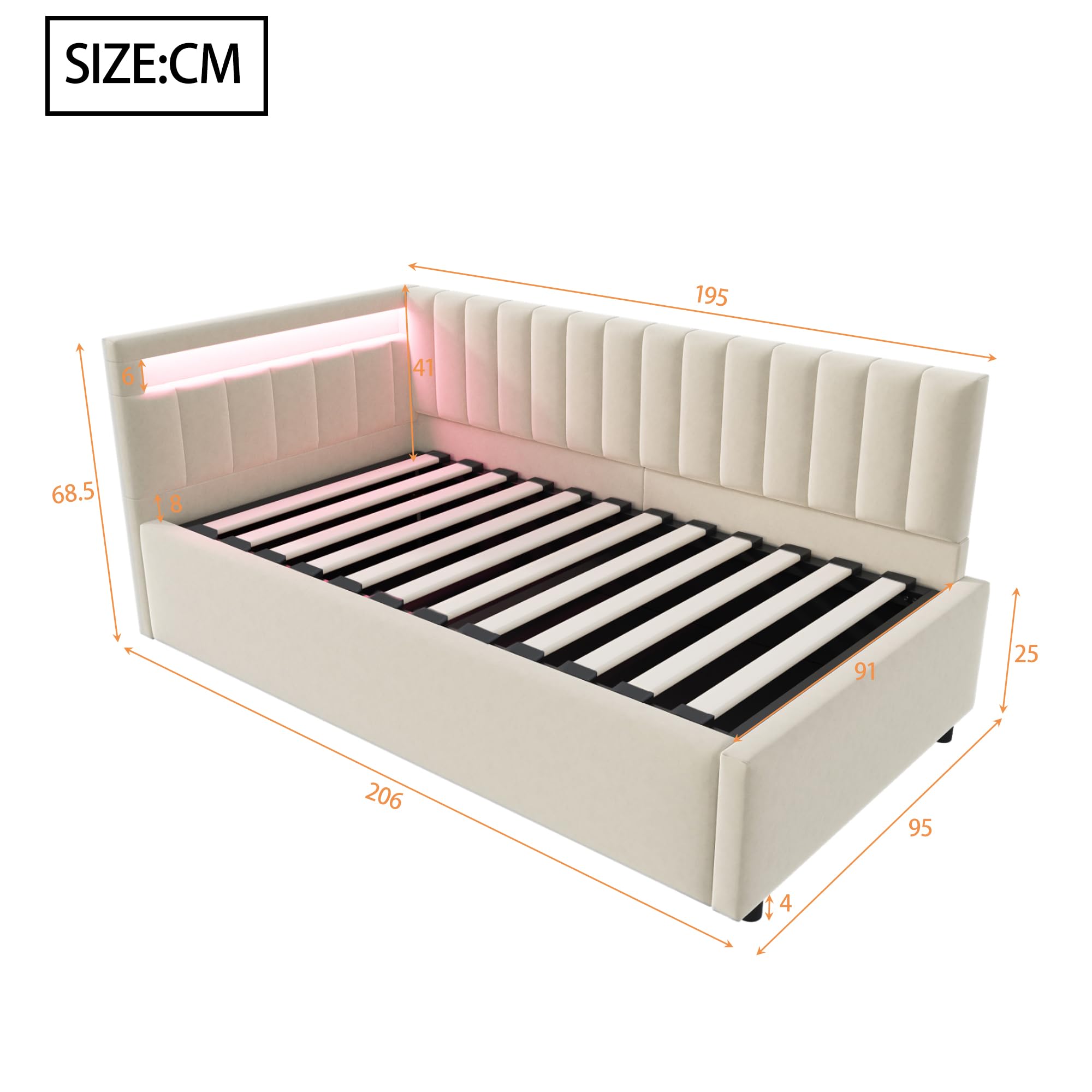 Cama tapizada Sofá cama 90 x 200 cm, con iluminación LED y espacio de almacenamiento hidráulico, diseño clásico de rayas verticales, cabeceros laterales con posiciones intercambiables, somier de