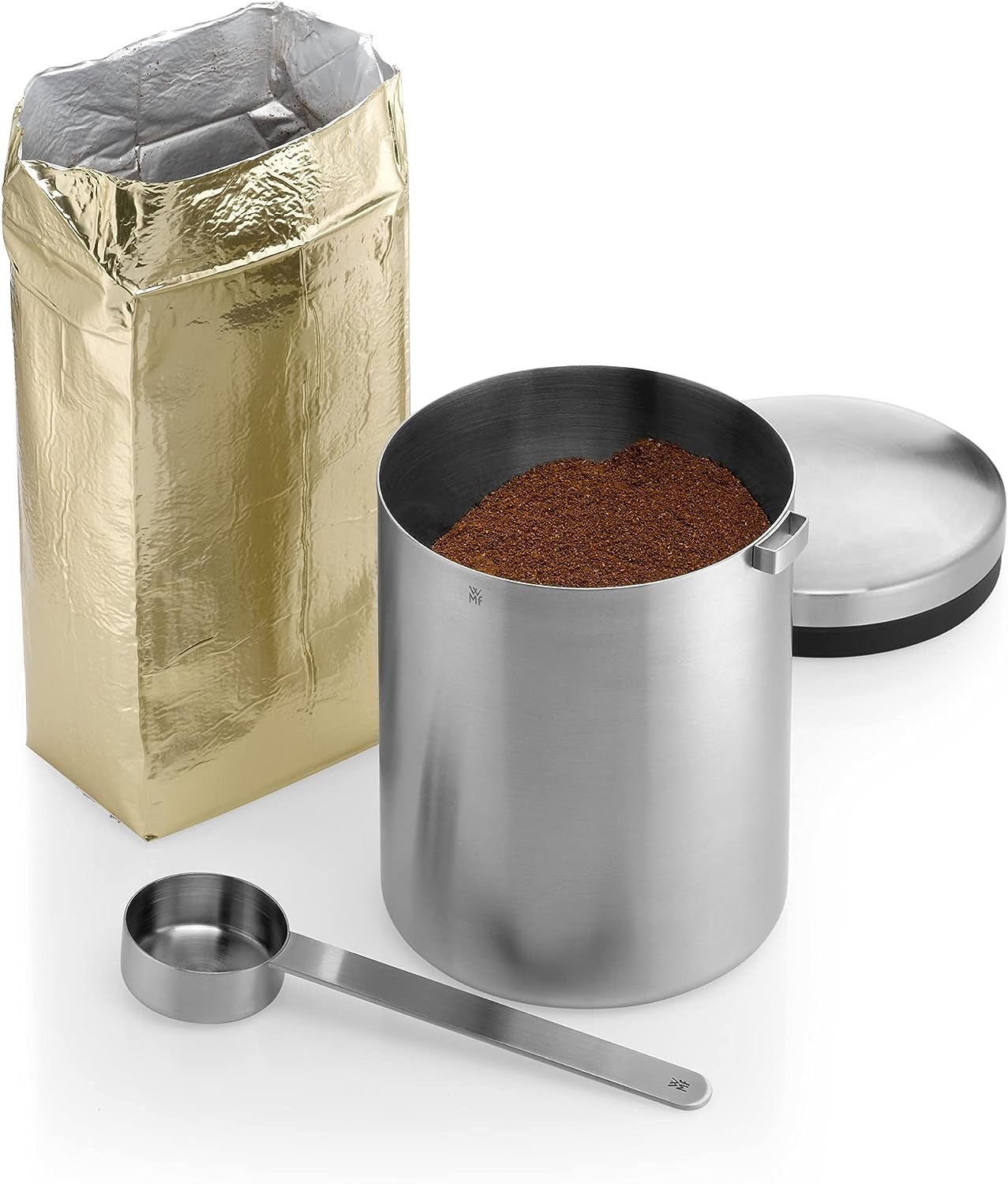 WMF Kult Tee- Kaffeedose Edelstahl für 500g, Edelstahldose mit Maßlöffel, Kaffeebohnen Behälter, Cromargan Edelstahl mattiert, für Kaffeepulver und Kaffeebohnen, spülmaschinengeeignet