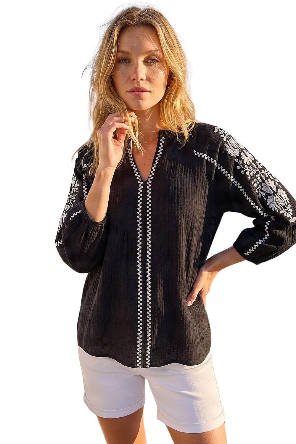Roman Women's Black Embroidered Sleeve V-Neck Top In Size 12