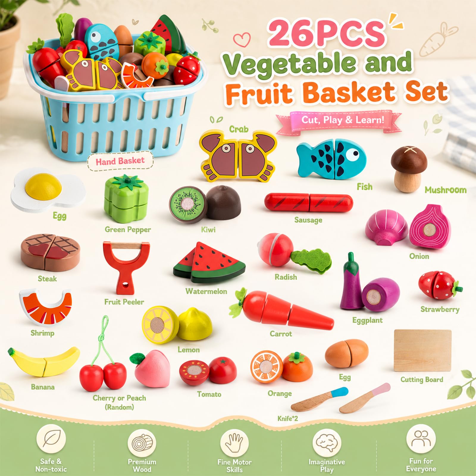 BunnyJOY Dinette Bois Accessoires Cuisine Enfant 2 3 Ans, Fruits et Légumes en Bois à Découper  26 Pièces, Jeu Éducatifs D’Imitation, Jouets Montessori 3 4 5 Ans, Cadeau Filles Garçons