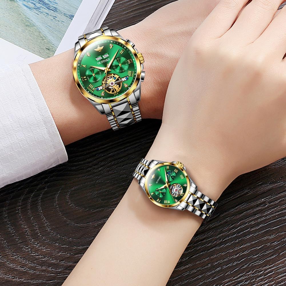 OLEVS Couple Pair Watches Set Automatic Mechanical Self Winding Dress Matching Watch for His and Hers Valentines Day Gifts