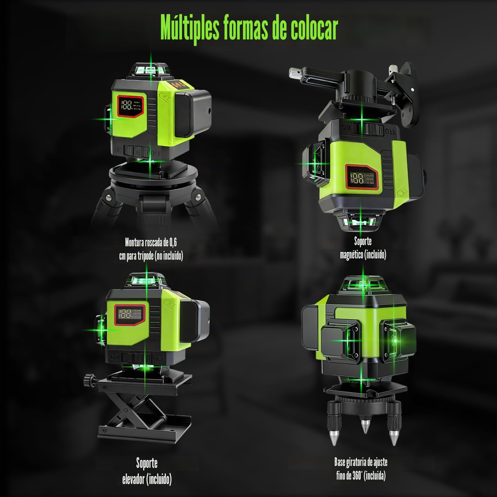 Nivel Láser 4D 16 Líneas, 4×360° Autonivelante con Pantalla Digital de Batería, Láser Verde con Modo Pulso y Control Remoto, Verde