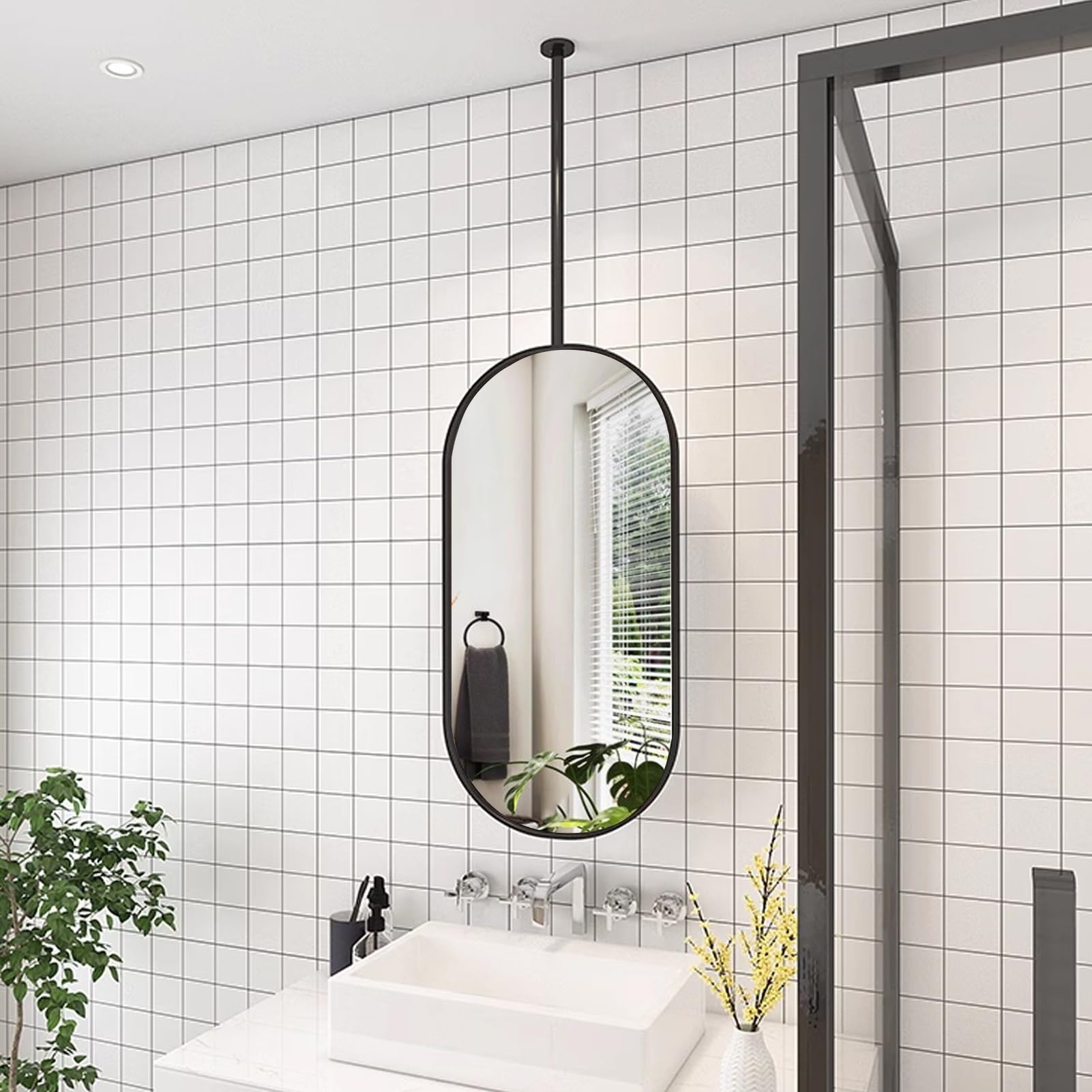 Modern Oval Mirror for Ceiling Hanging Decor, Large Wall Decorative Metal Backed Floating Glass, Bathroom Vanity, Black (50cmx70cm)