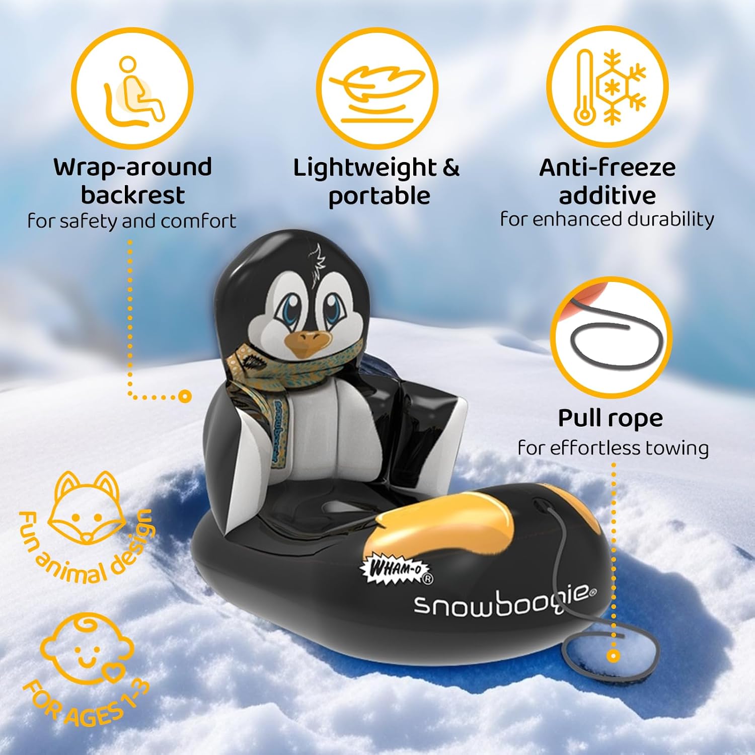 Wham-O Snowboogie, 33" Inflatable Snow Tudes, Single Rider Winter Snow Sleds with Tow Rope, Cold-Resistant Sleddig for Winter Outdoor Activities - Penguin
