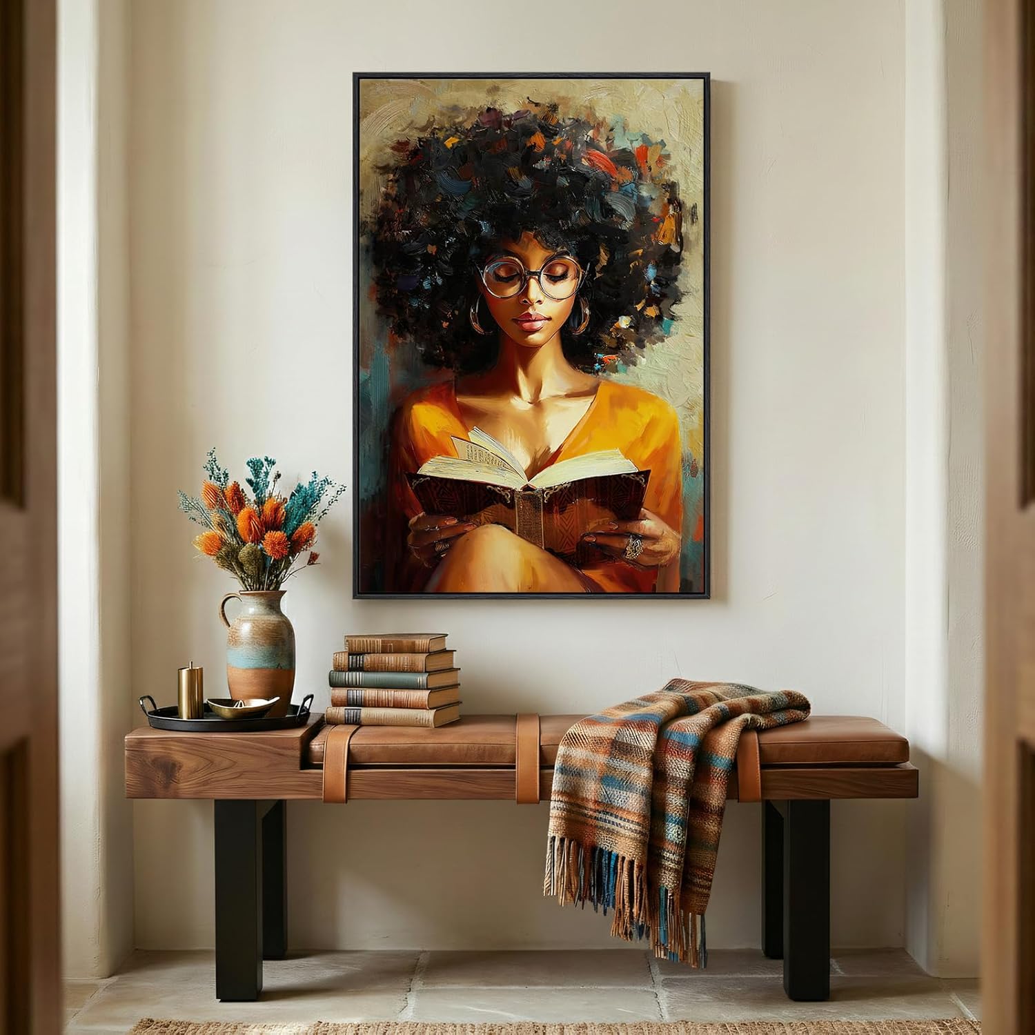 Framed African American Black Woman Reading Wall Art, Modern Colorful Black Girl Portrait Canvas Print, Elegant Intellectual Black Art Decor for Living Room, Bedroom, Home Office, Library 24x36 Inch