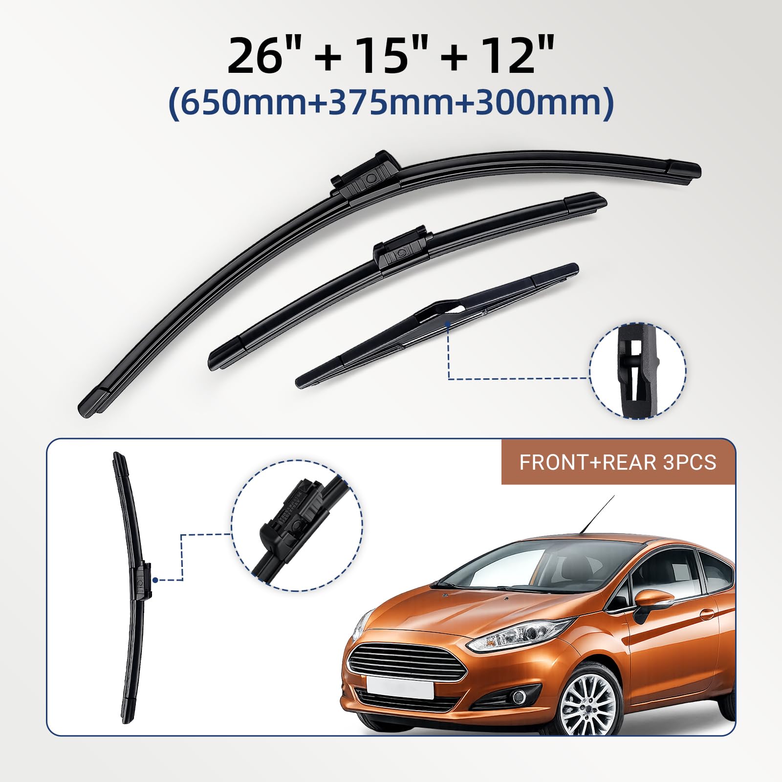 Para Ford Para Fiesta MK6/MK7 19mm Push Button 2008-2016 26 "+ 15" + 12" Limpiaparabrisas Delantero Trasero Parabrisas Accesorios Ventana