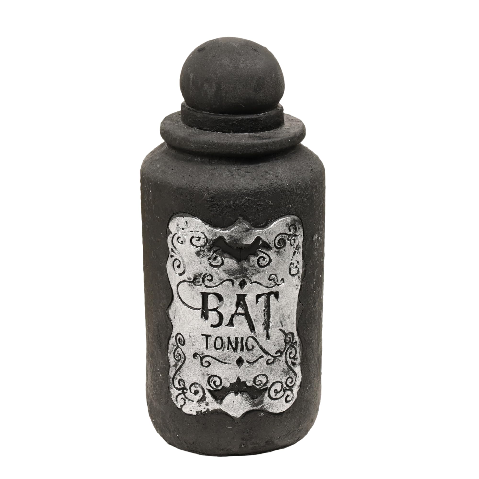 Fyne-Finds Halloween 15cm Cement Black Potion Scary Bottle Party Decor Ornament (Bat Tonic)