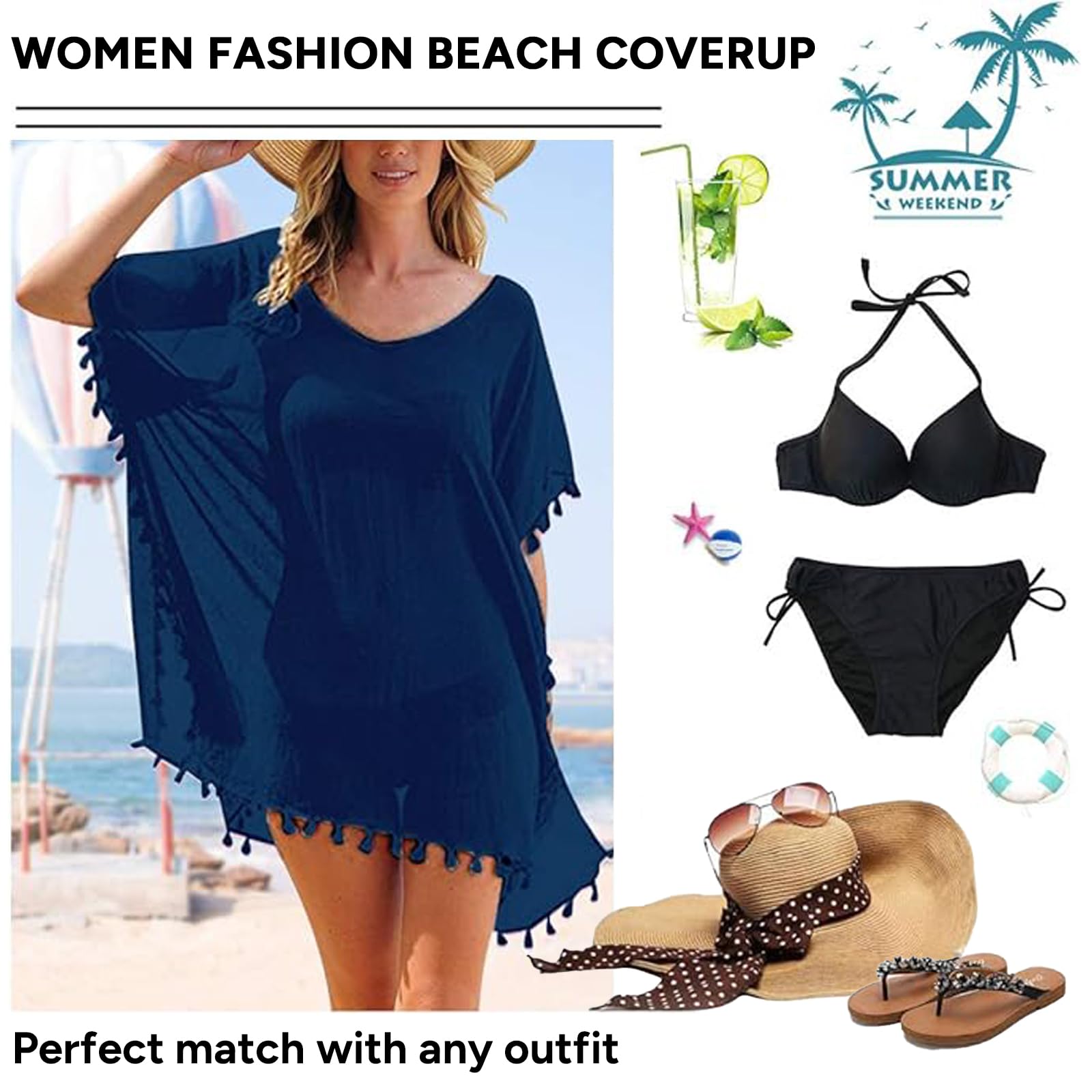 Robe de Plage pour Femmes Ete Bikini Cache-Maillots Mousseline Poncho de Plage Maillot de Bain Plage Bikini Cover Up Chic Loose Semi-Transparent Robe Couvrir Blouse Tunique pour Vancance