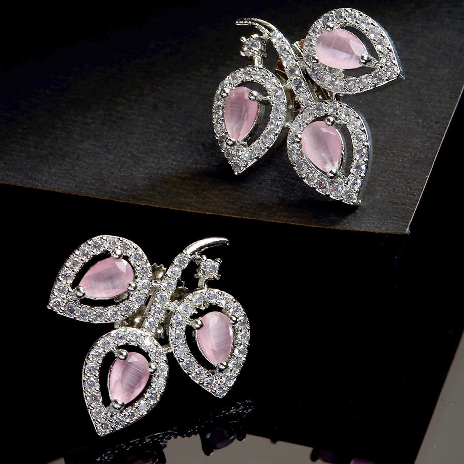 Leaf Shaped Rhodium Plated AD Stud Earring (Pink)