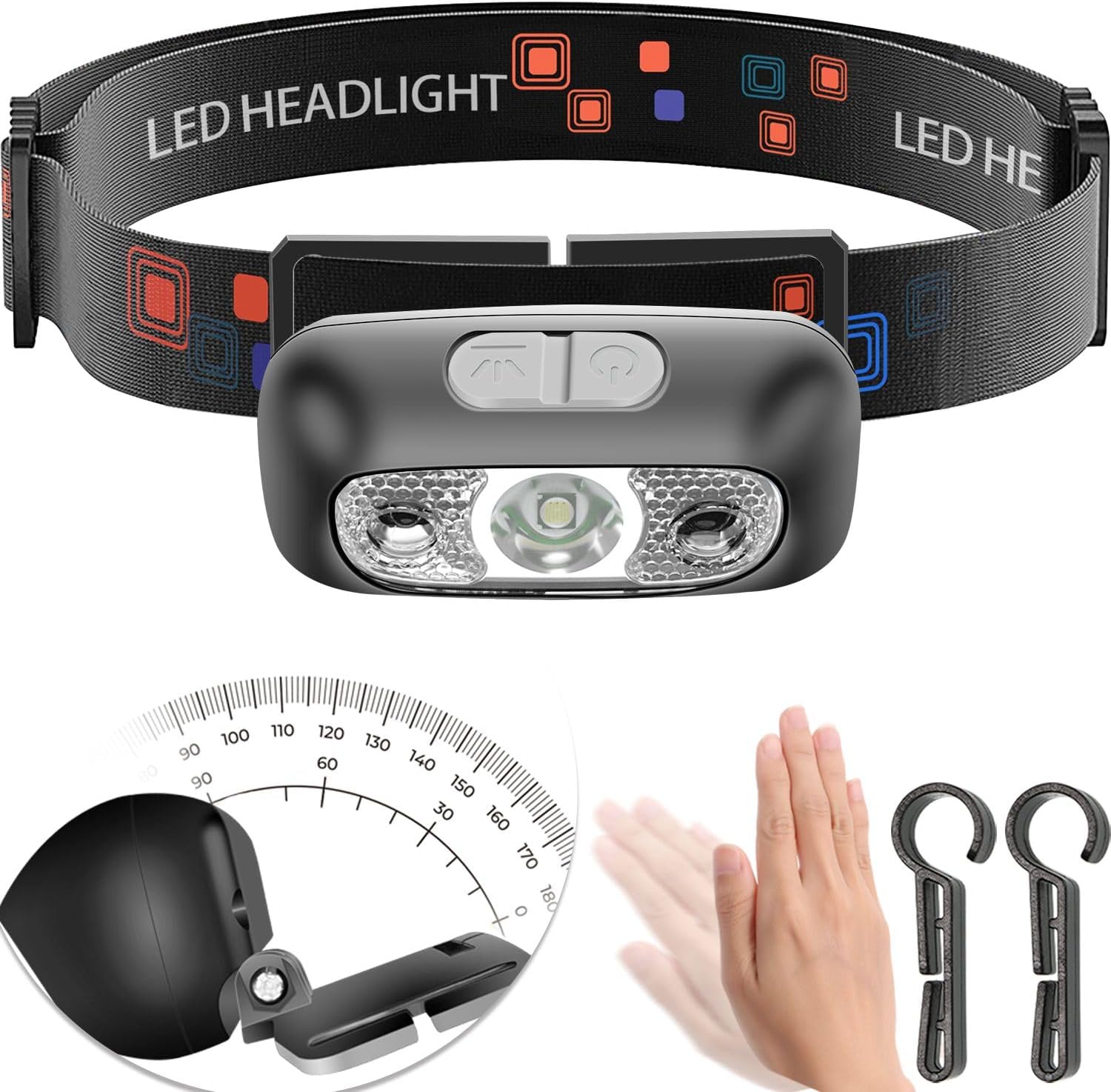 Headlamp, USB-C Rechargeable,90-Degree Adjustable,Flashlight with Motion Sensor,Waterproof Lightweight 42g,Bright Headlamps for Running,Camping,Running