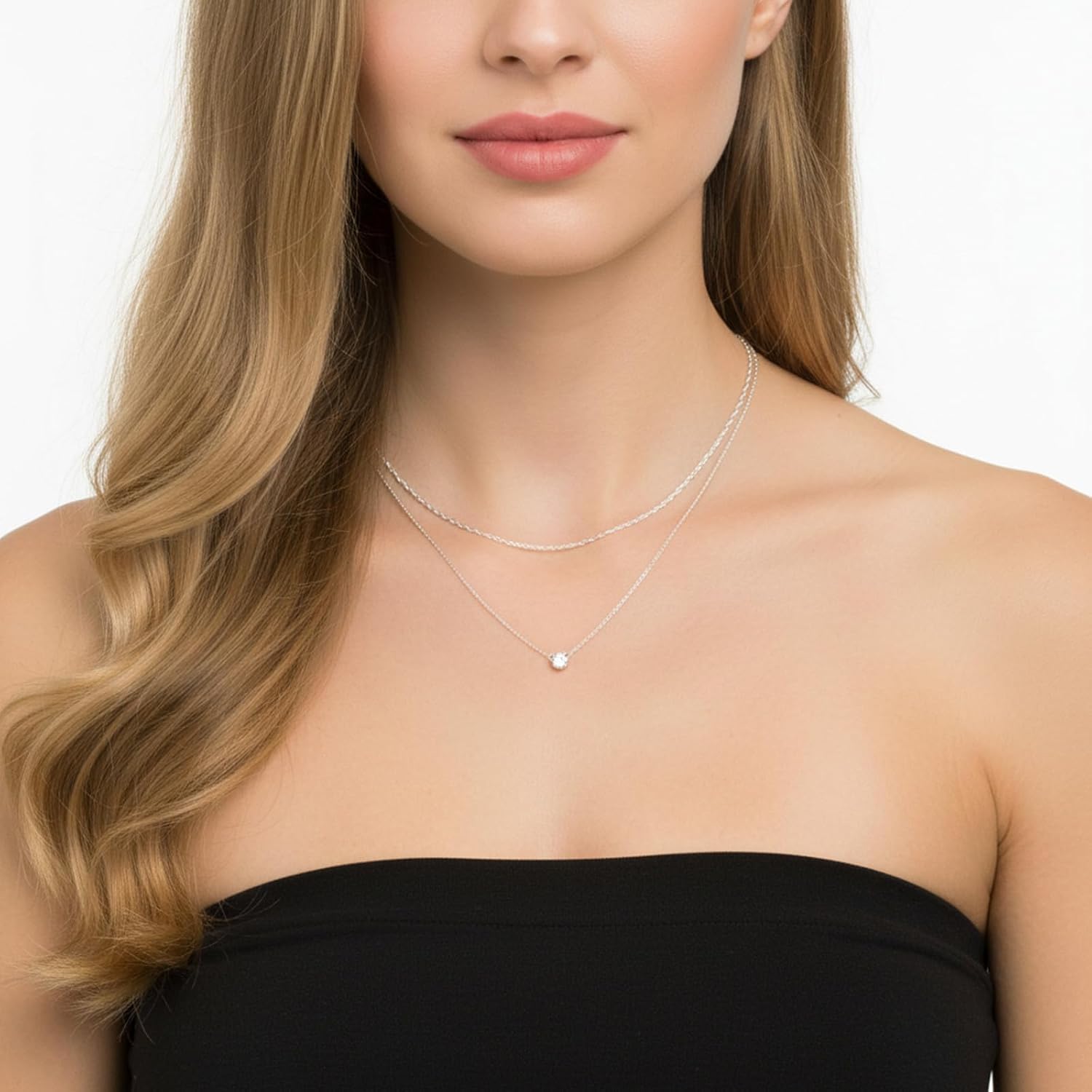 Sibba Layered Silver Necklace for Women 14K Silver Plated Stack Diamond Necklace Simple Cubic Pendant Layered Choker Herringbone Chain Jewelry Set